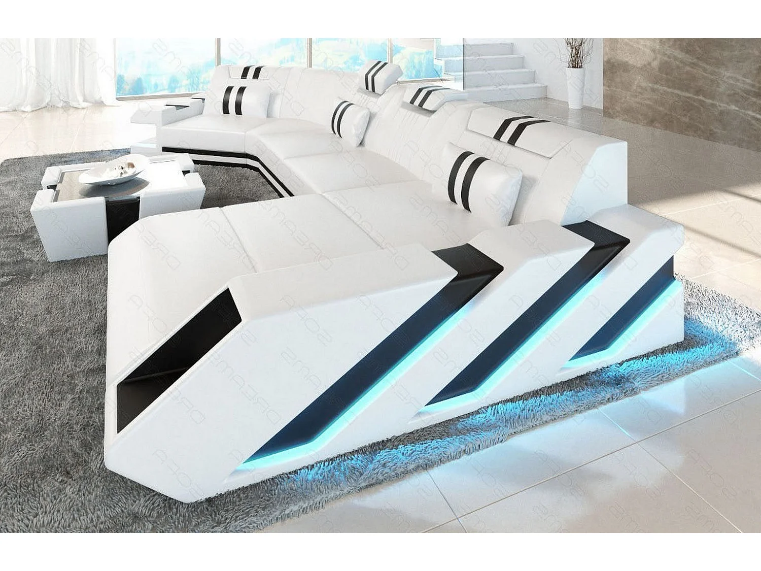 Ledersofa Apollonia C Form Premium Kunstleder Weiß Schwarz Rechts