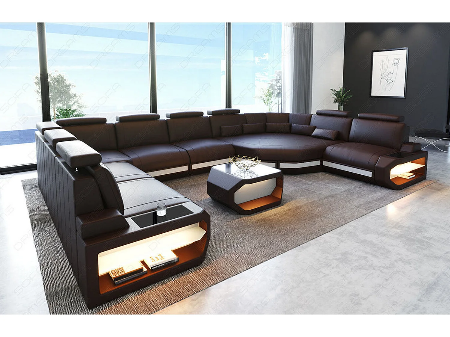 Sofa Asti U Leder Ledermix Braun Weiß Links