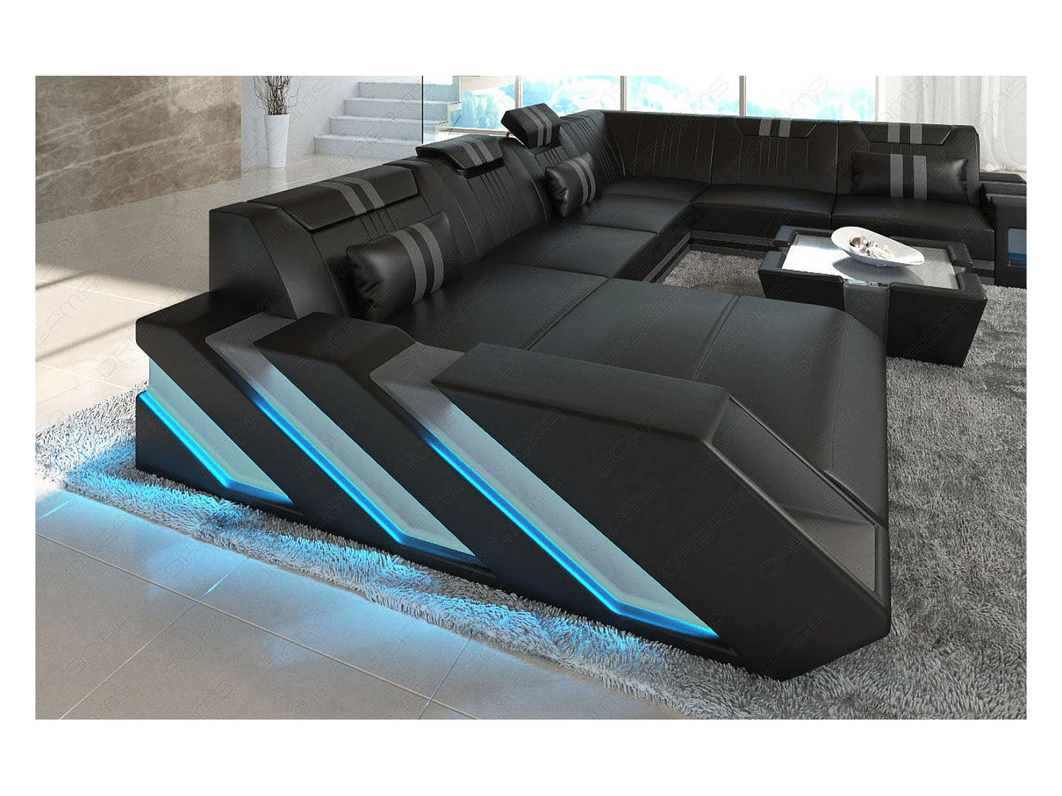 XXL Leder Wohnlandschaft Apollonia EM Schwarz Grau Links