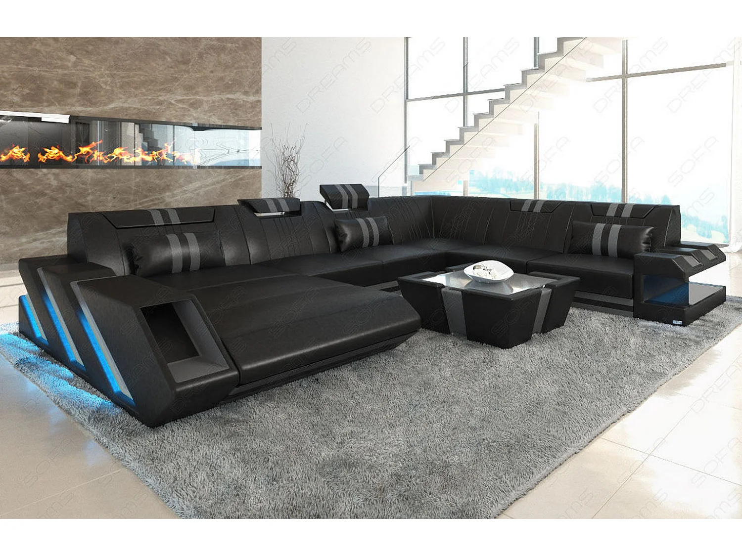 XXL Leder Wohnlandschaft Apollonia EM Schwarz Grau Links