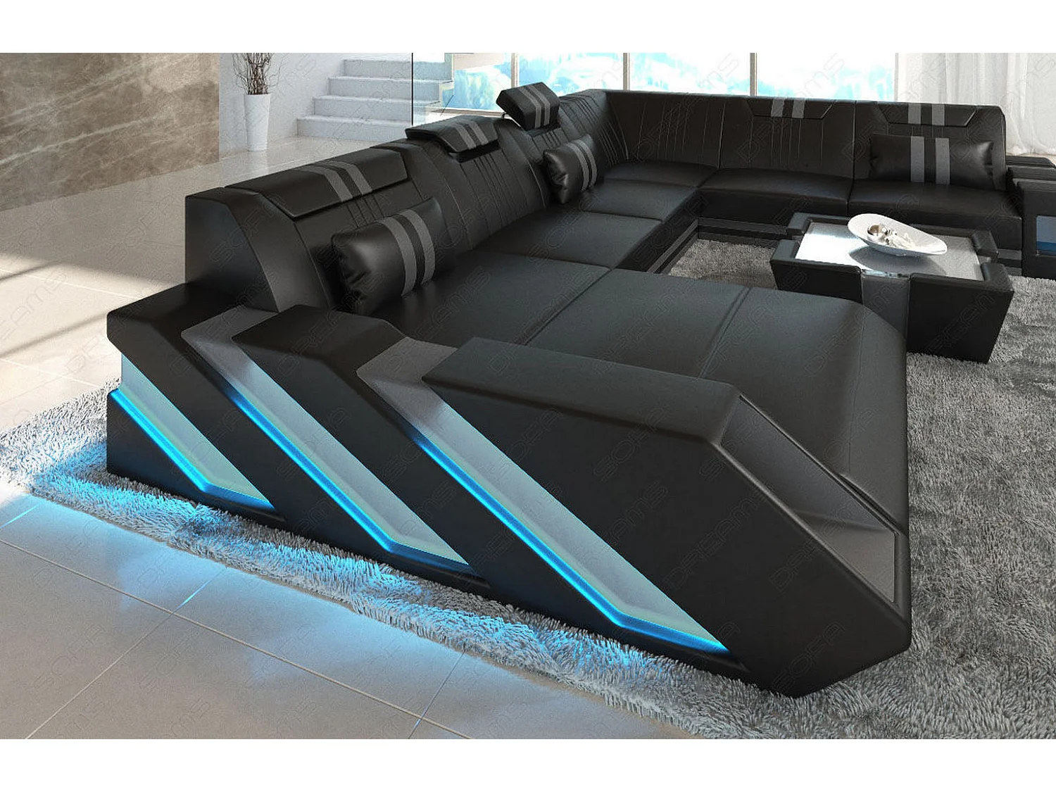 XXL Leder Wohnlandschaft Apollonia EM Schwarz Grau Links