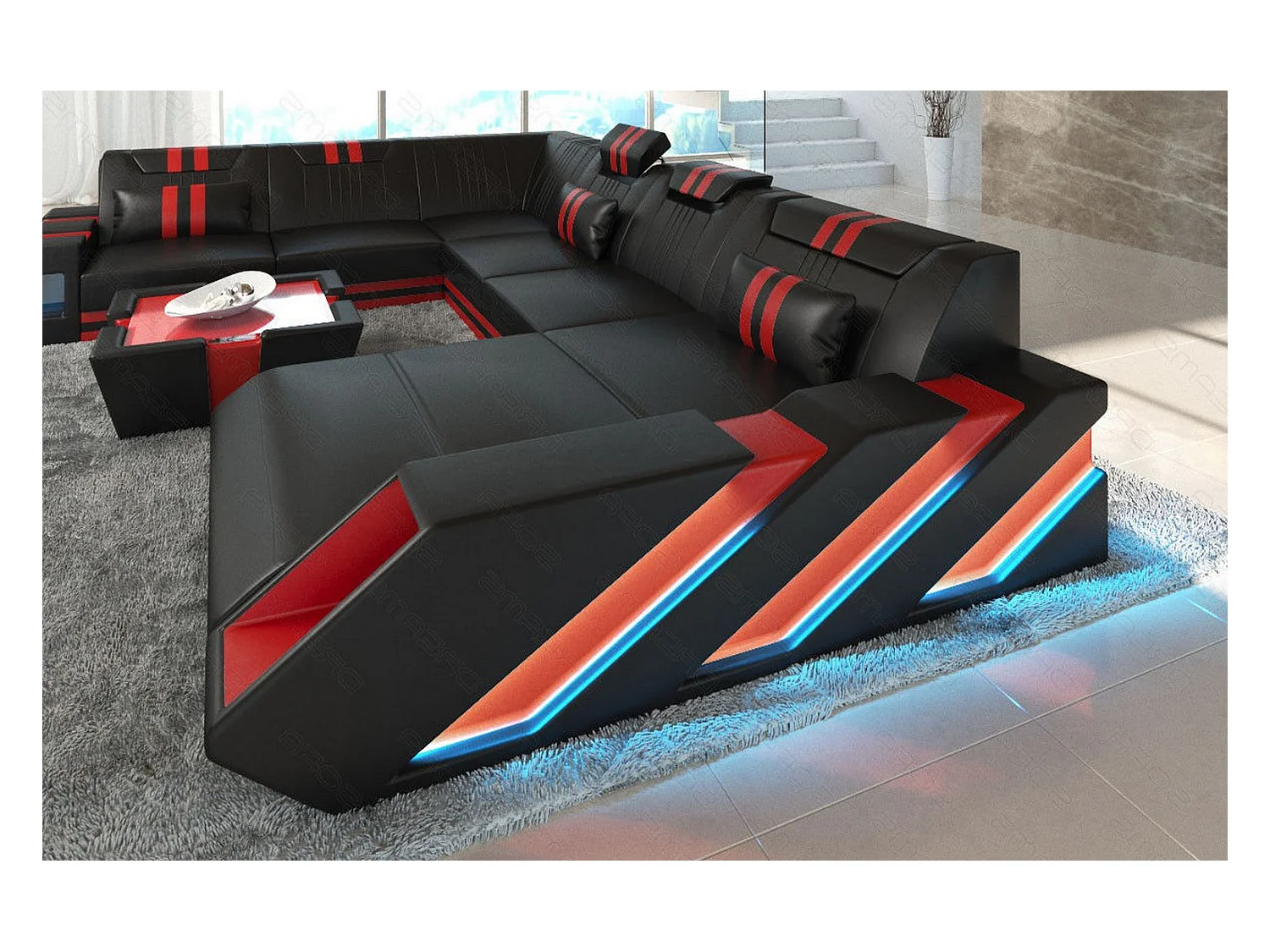 XXL Leder Wohnlandschaft Apollonia KP Schwarz Rot Rechts