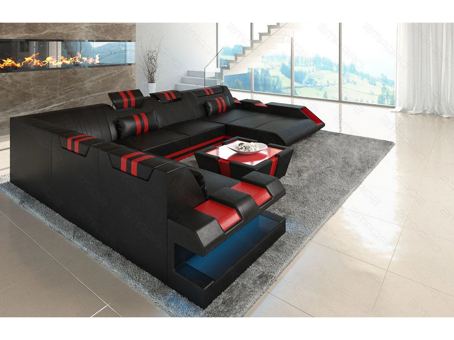 XXL Leder Wohnlandschaft Apollonia KP Schwarz Rot Rechts