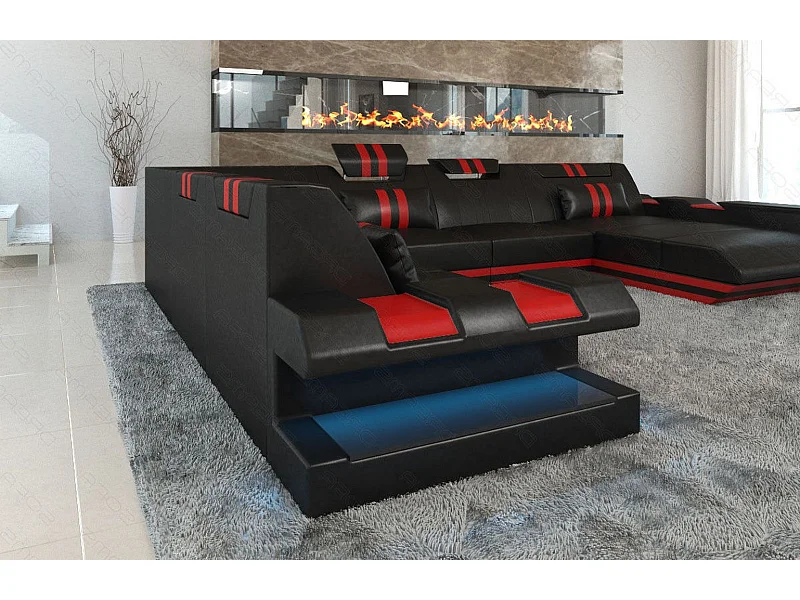 XXL Leder Wohnlandschaft Apollonia KP Schwarz Rot Rechts