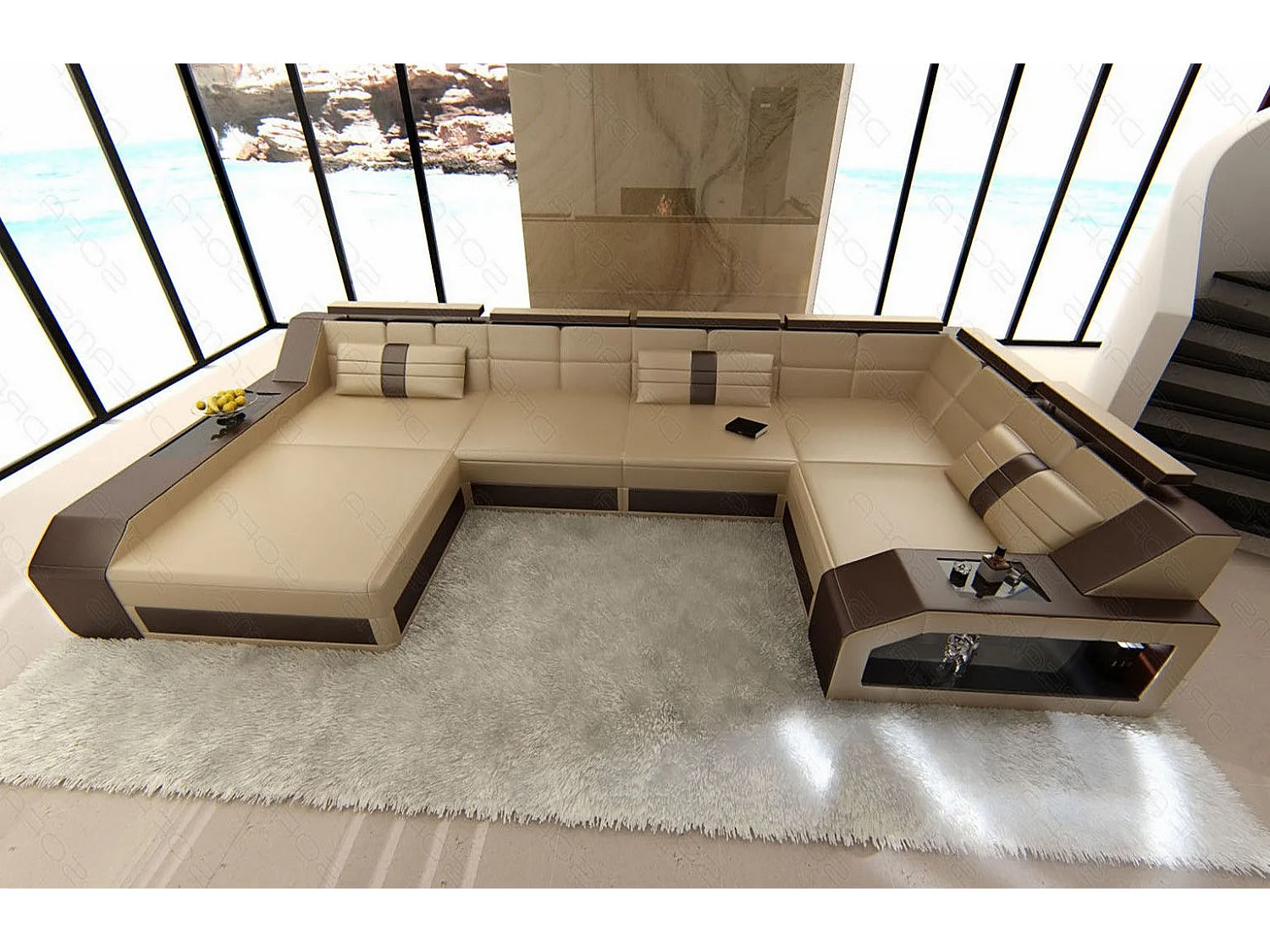 Sofa Arezzo U Leder Echtleder Sandbeige Braun Links