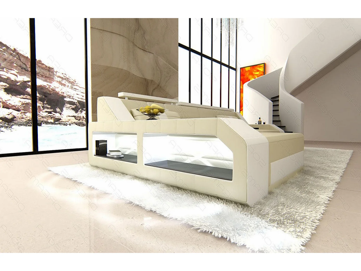 Ecksofa Arezzo Leder Kunstleder Beige Weiß Links