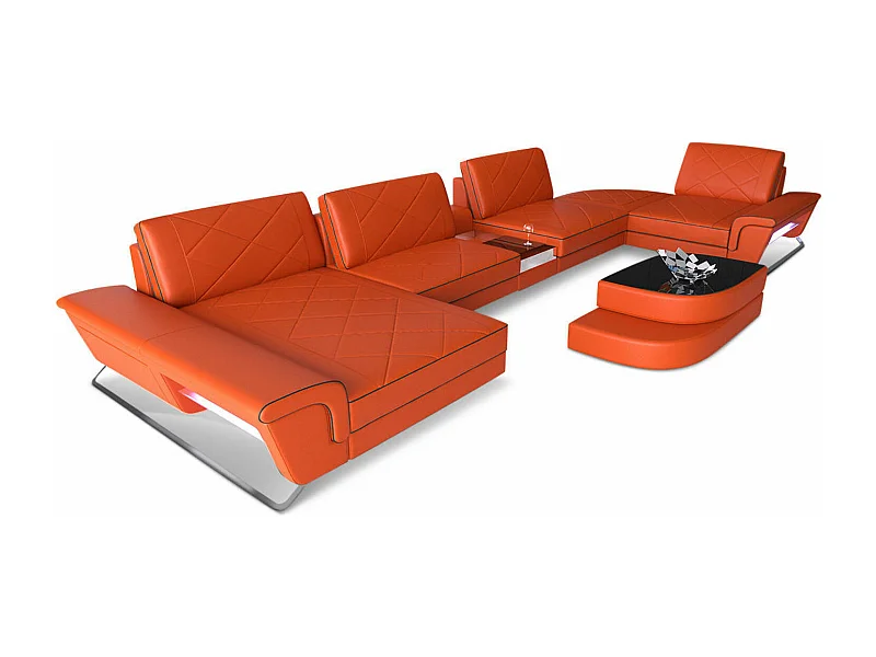 Sofa Bari U Leder Echtleder Orange Schwarz Links