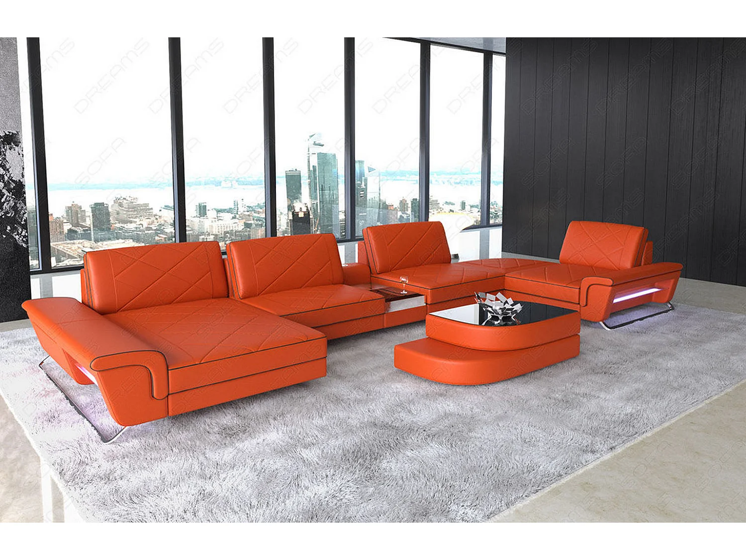 Sofa Bari U Leder Echtleder Orange Schwarz Links