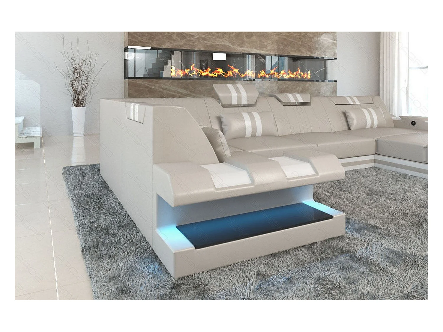 Ledersofa Apollonia U Form EM Beige Weiß Rechts