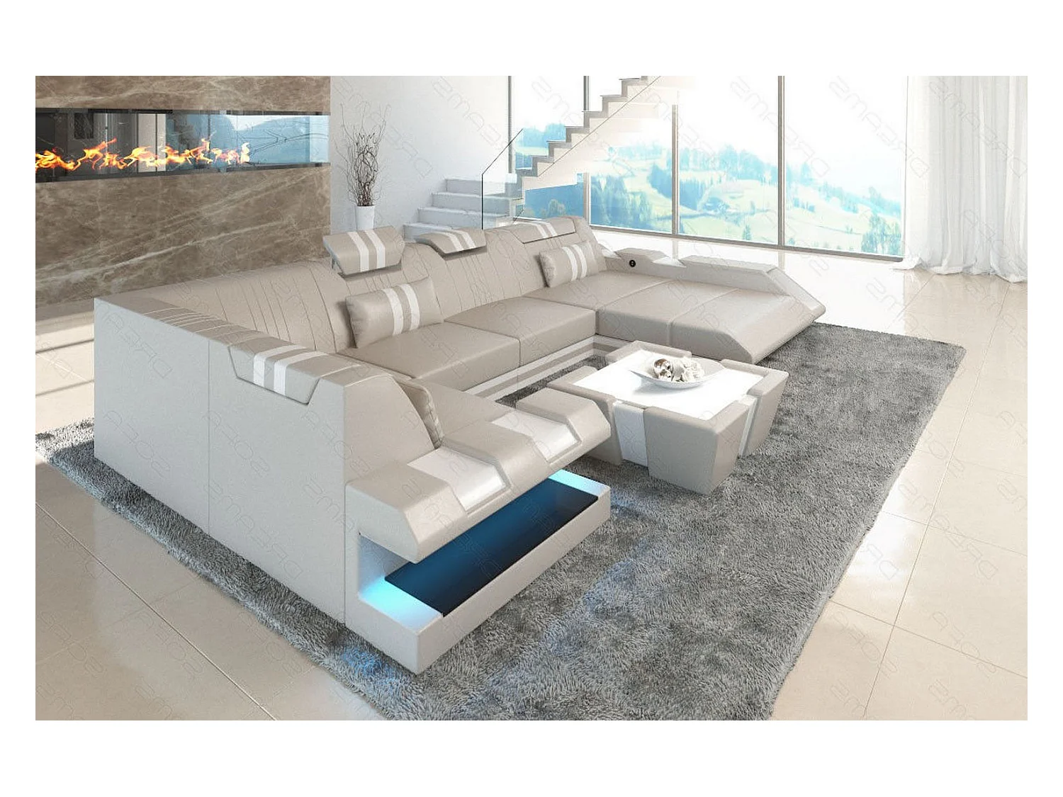 Ledersofa Apollonia U Form EM Beige Weiß Rechts