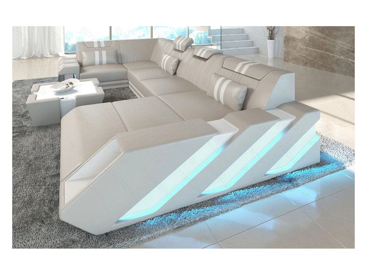 Ledersofa Apollonia U Form EM Beige Weiß Rechts