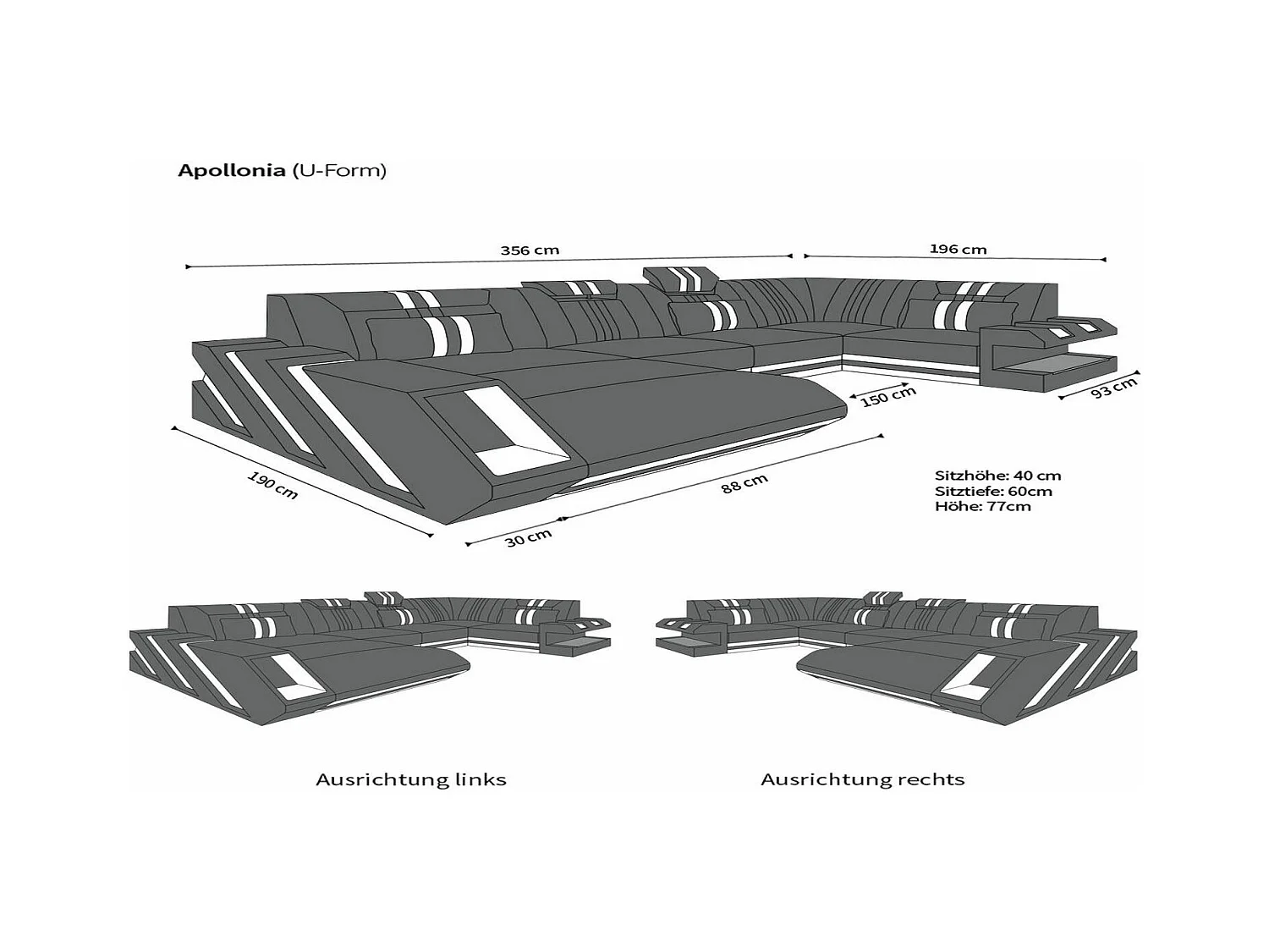 Ledersofa Apollonia U Form EM Beige Weiß Rechts