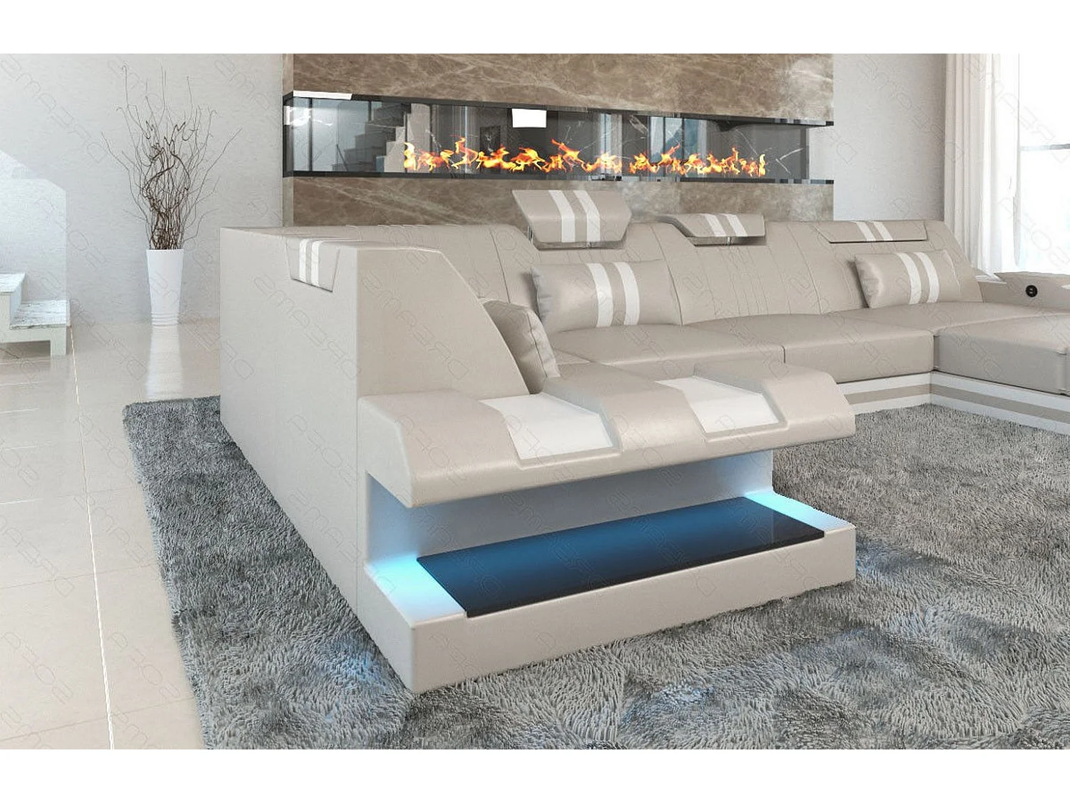 Ledersofa Apollonia U Form EM Beige Weiß Rechts