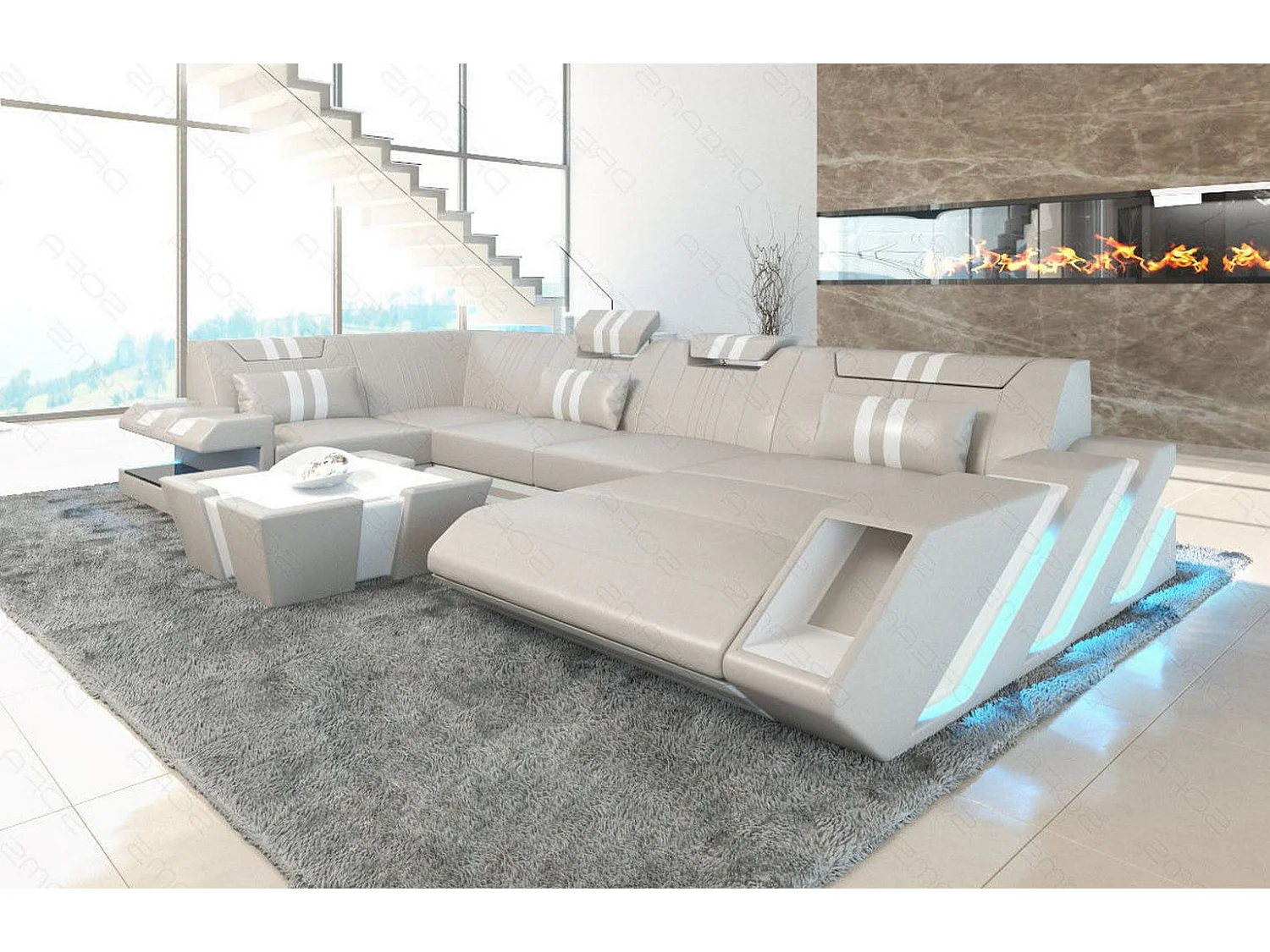 Ledersofa Apollonia U Form EM Beige Weiß Rechts