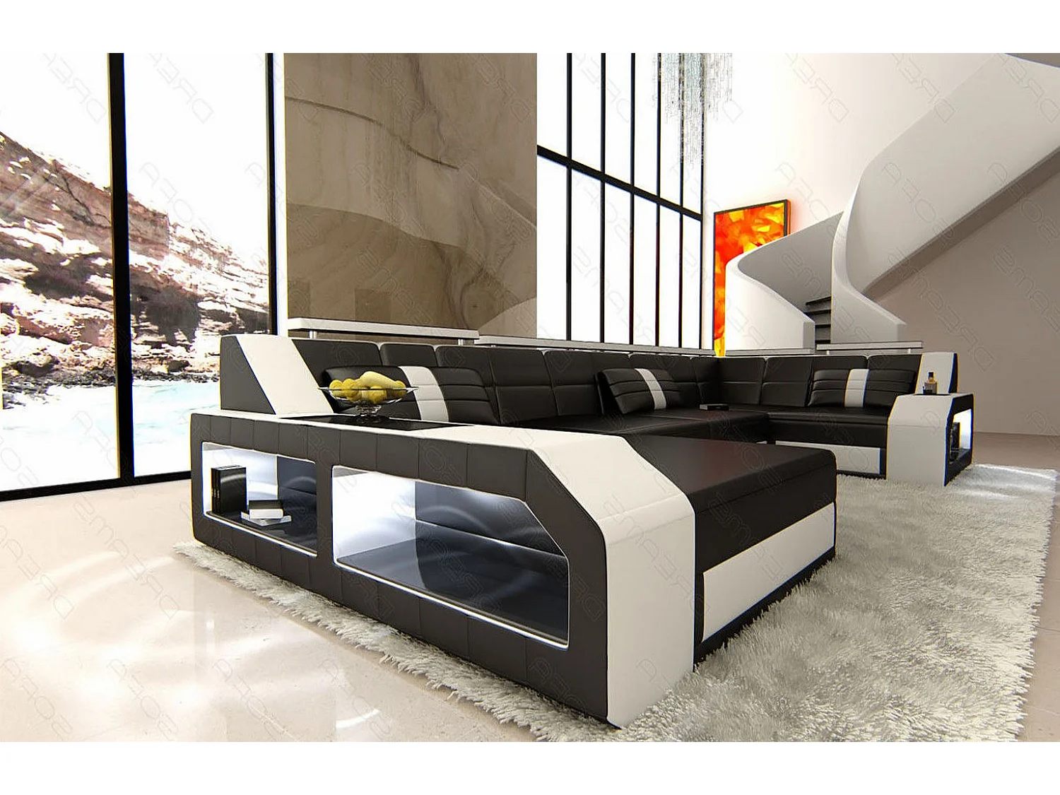 Sofa Arezzo U Leder Kunstleder Schwarz Weiß Links