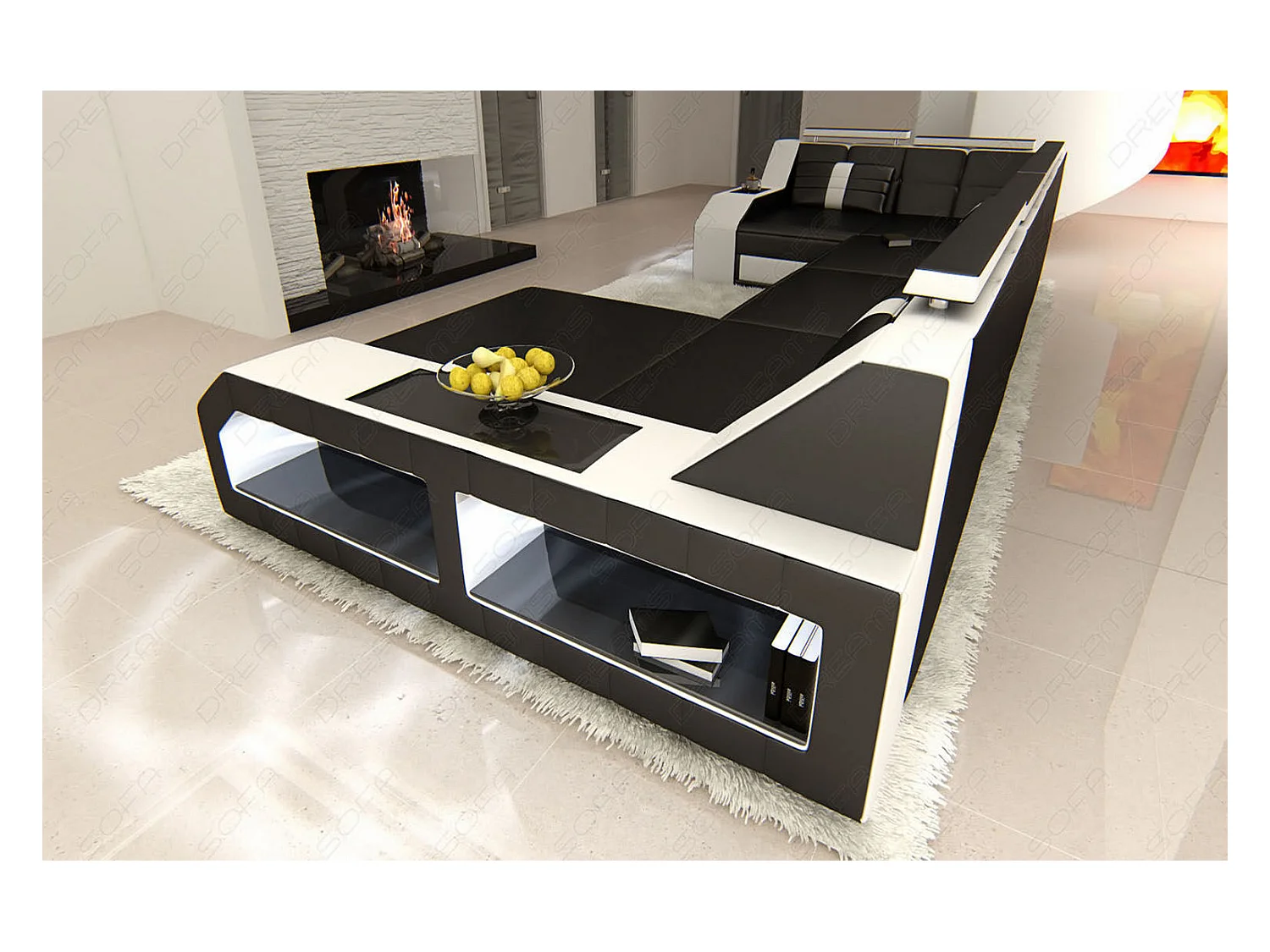 Sofa Arezzo U Leder Ledermix Schwarz Weiß Rechts