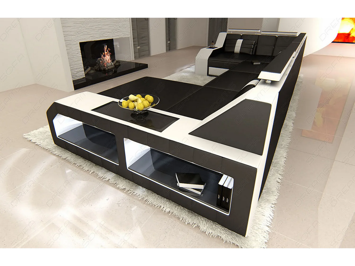 Sofa Arezzo U Leder Ledermix Schwarz Weiß Rechts