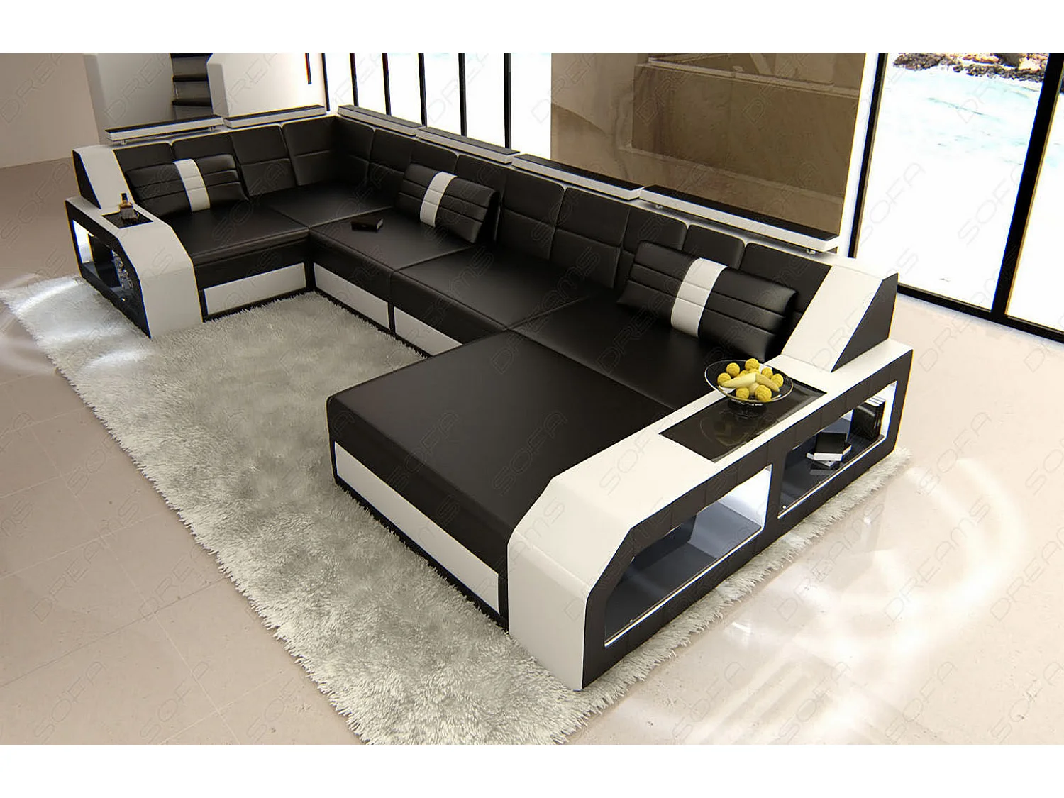 Sofa Arezzo U Leder Ledermix Schwarz Weiß Rechts