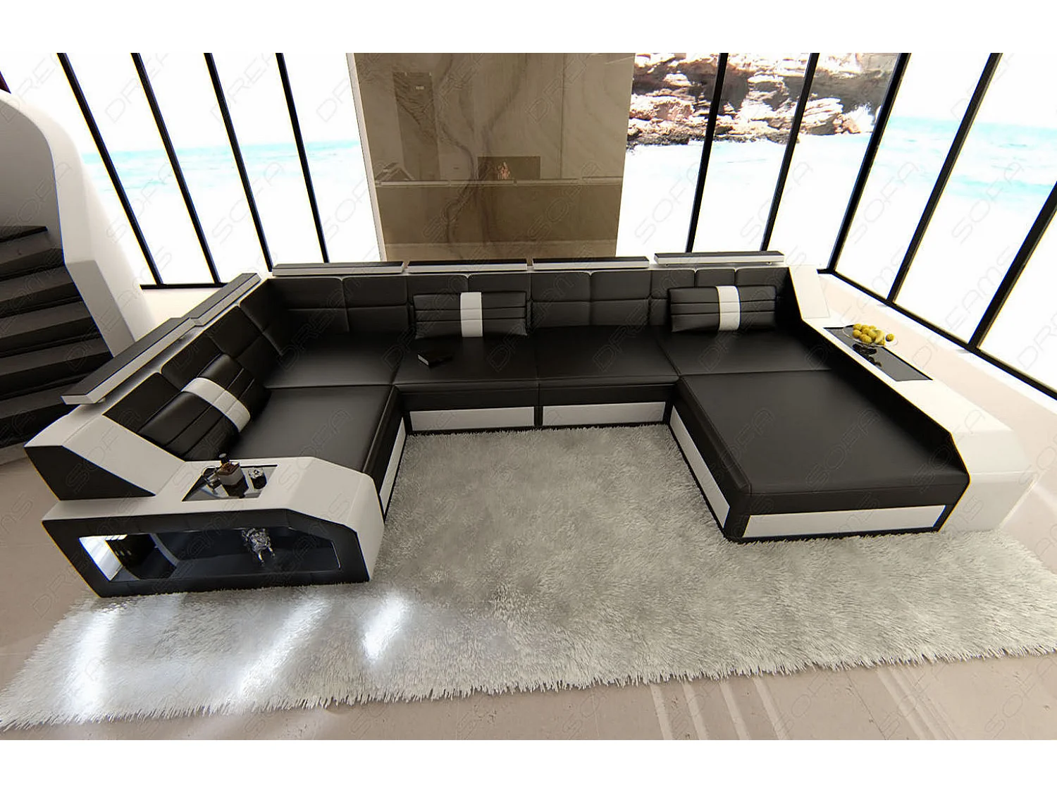 Sofa Arezzo U Leder Ledermix Schwarz Weiß Rechts