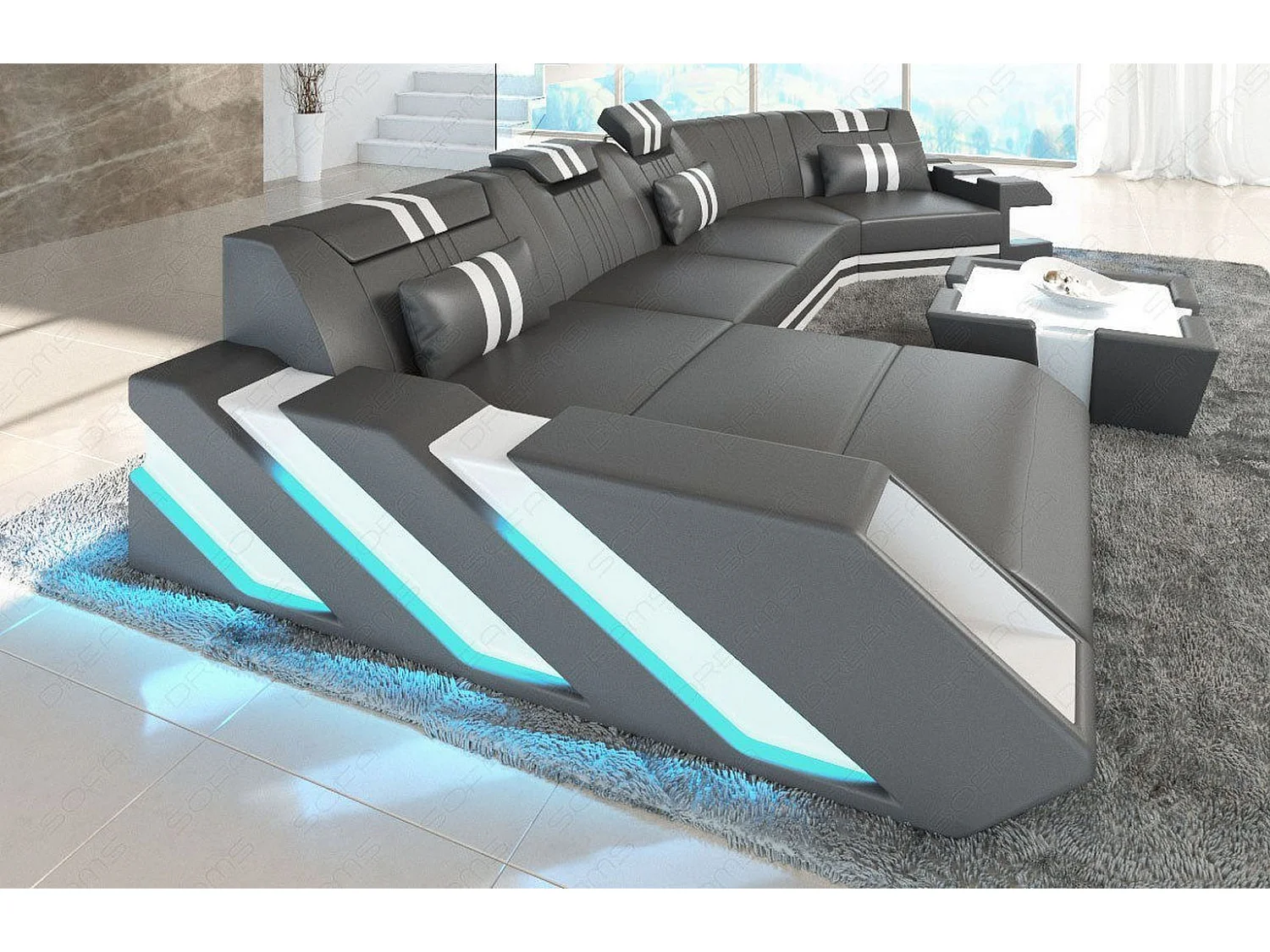 Ledersofa Apollonia C Form Büffelleder Grau Weiß Links