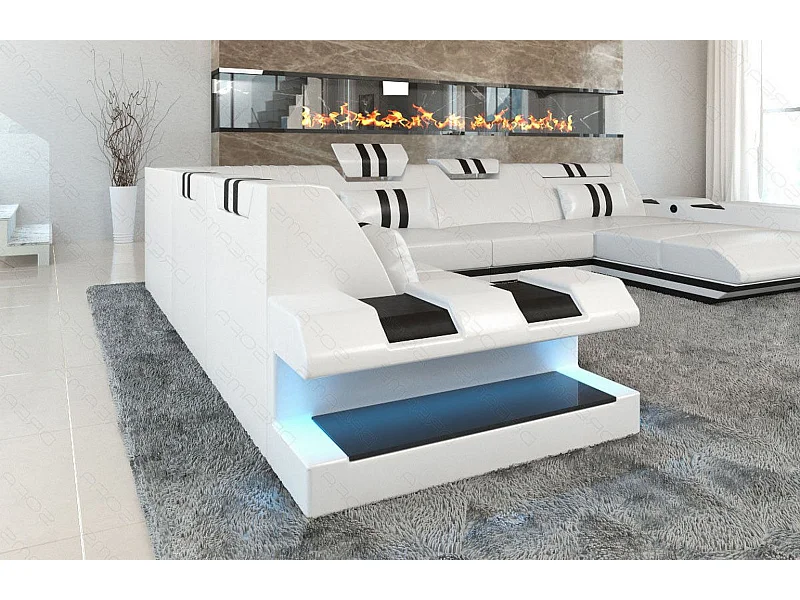 XXL Leder Wohnlandschaft Apollonia KP Weiß Schwarz Rechts