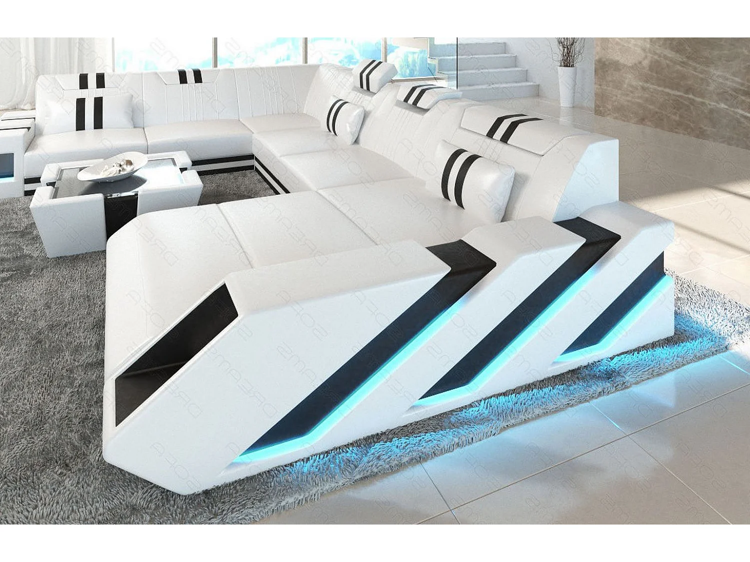 XXL Leder Wohnlandschaft Apollonia KP Weiß Schwarz Rechts