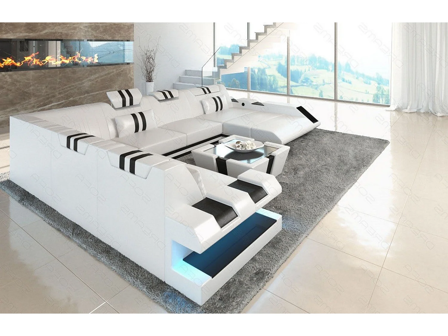 XXL Leder Wohnlandschaft Apollonia KP Weiß Schwarz Rechts