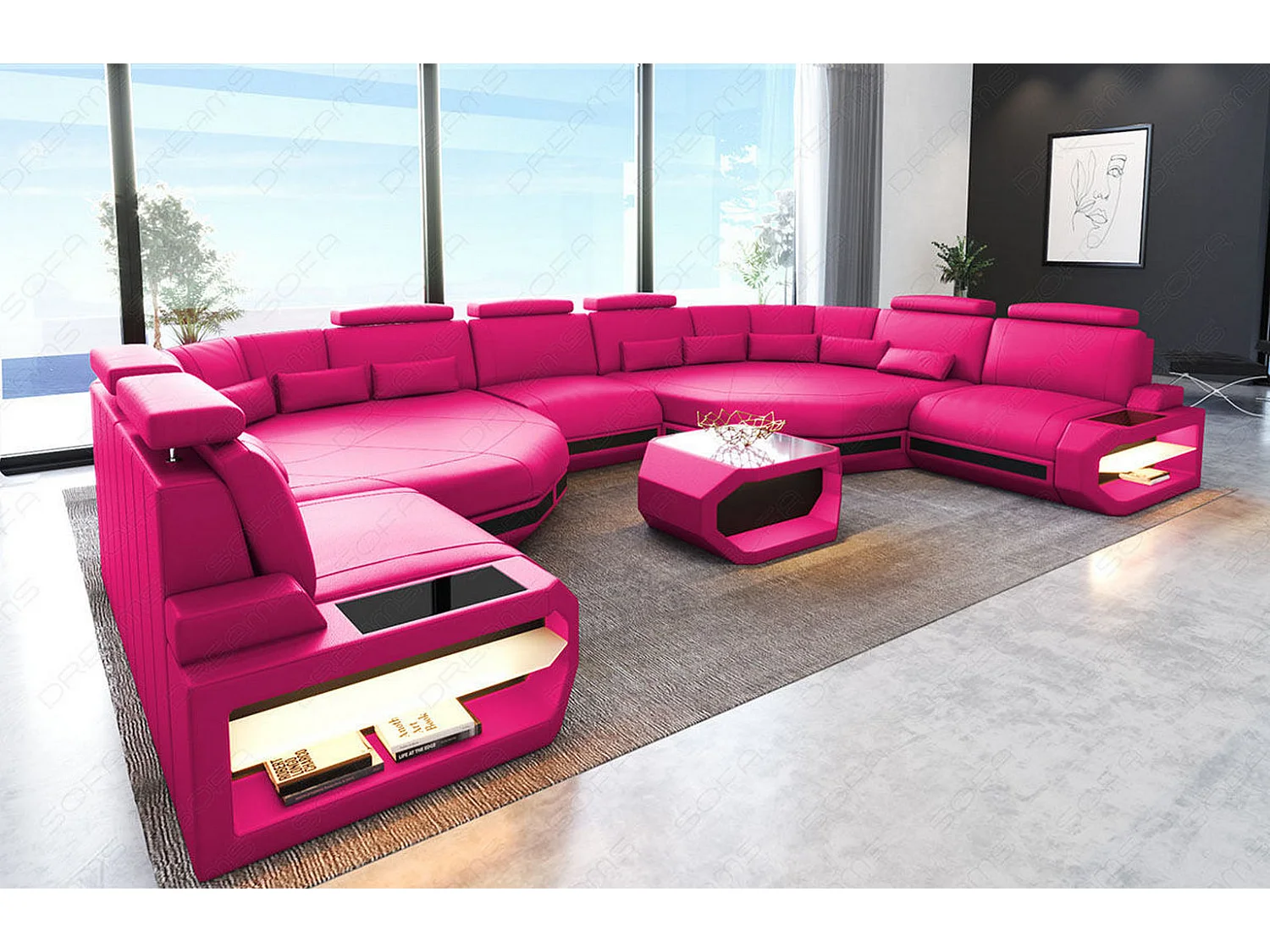 XXL Sofa Asti Leder Echtleder Pink Schwarz
