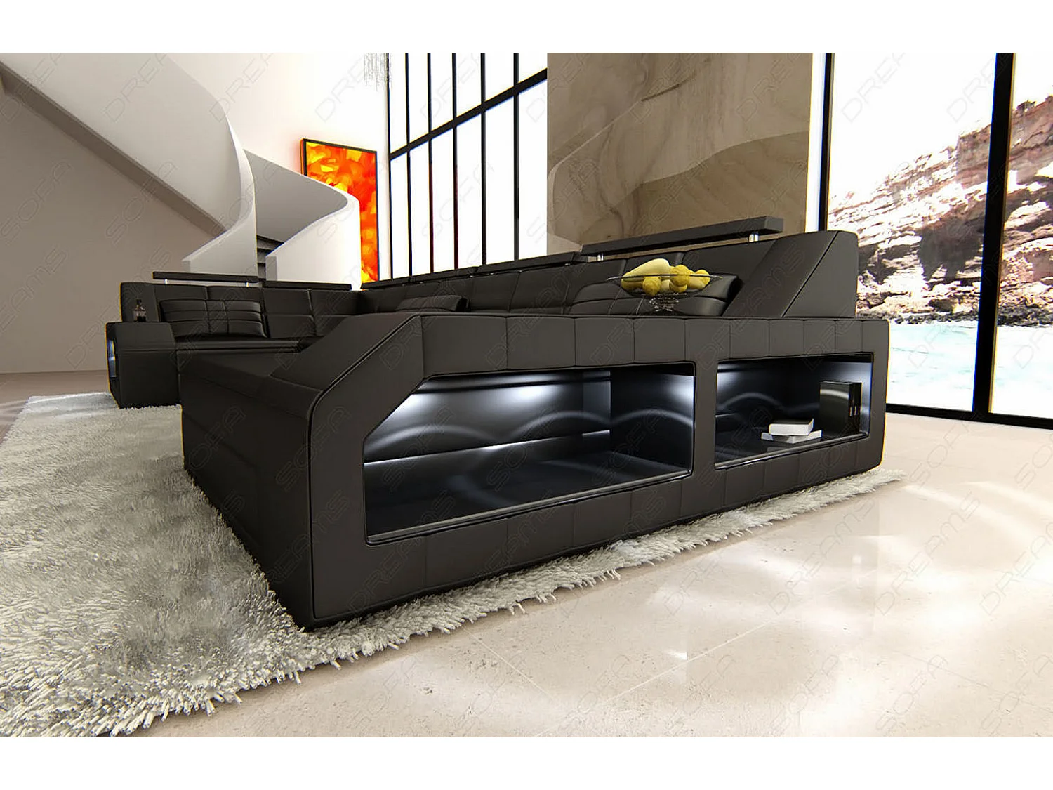 Sofa Arezzo U Leder Kunstleder Schwarz Rechts