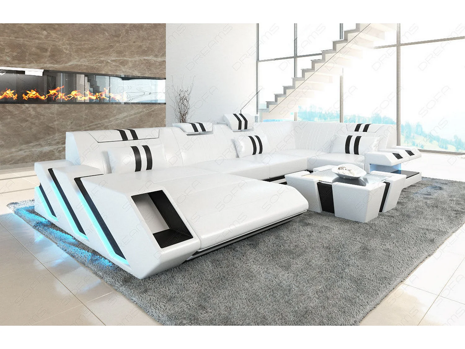 Ledersofa Apollonia U Form KP Weiß Schwarz Links