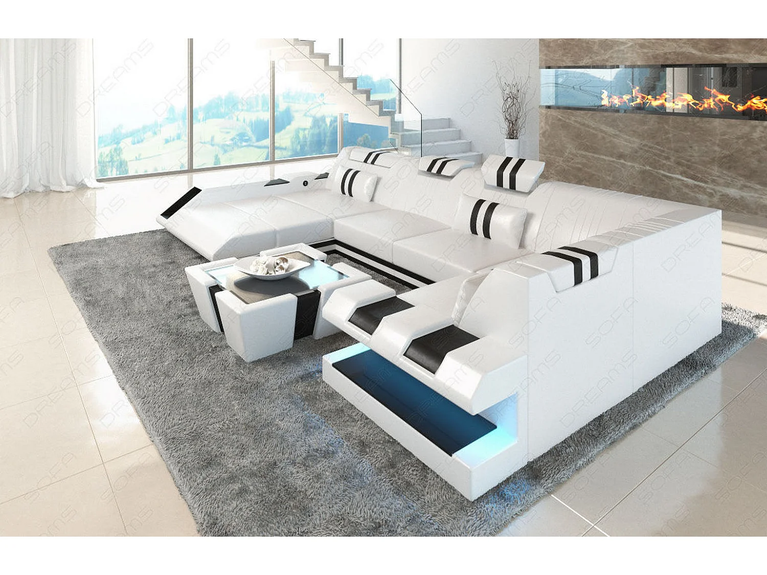 Ledersofa Apollonia U Form KP Weiß Schwarz Links