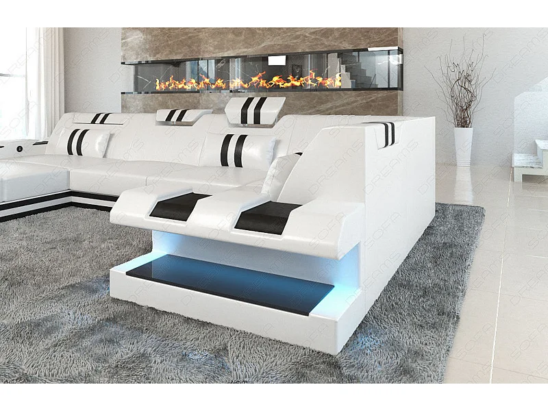 Ledersofa Apollonia U Form KP Weiß Schwarz Links