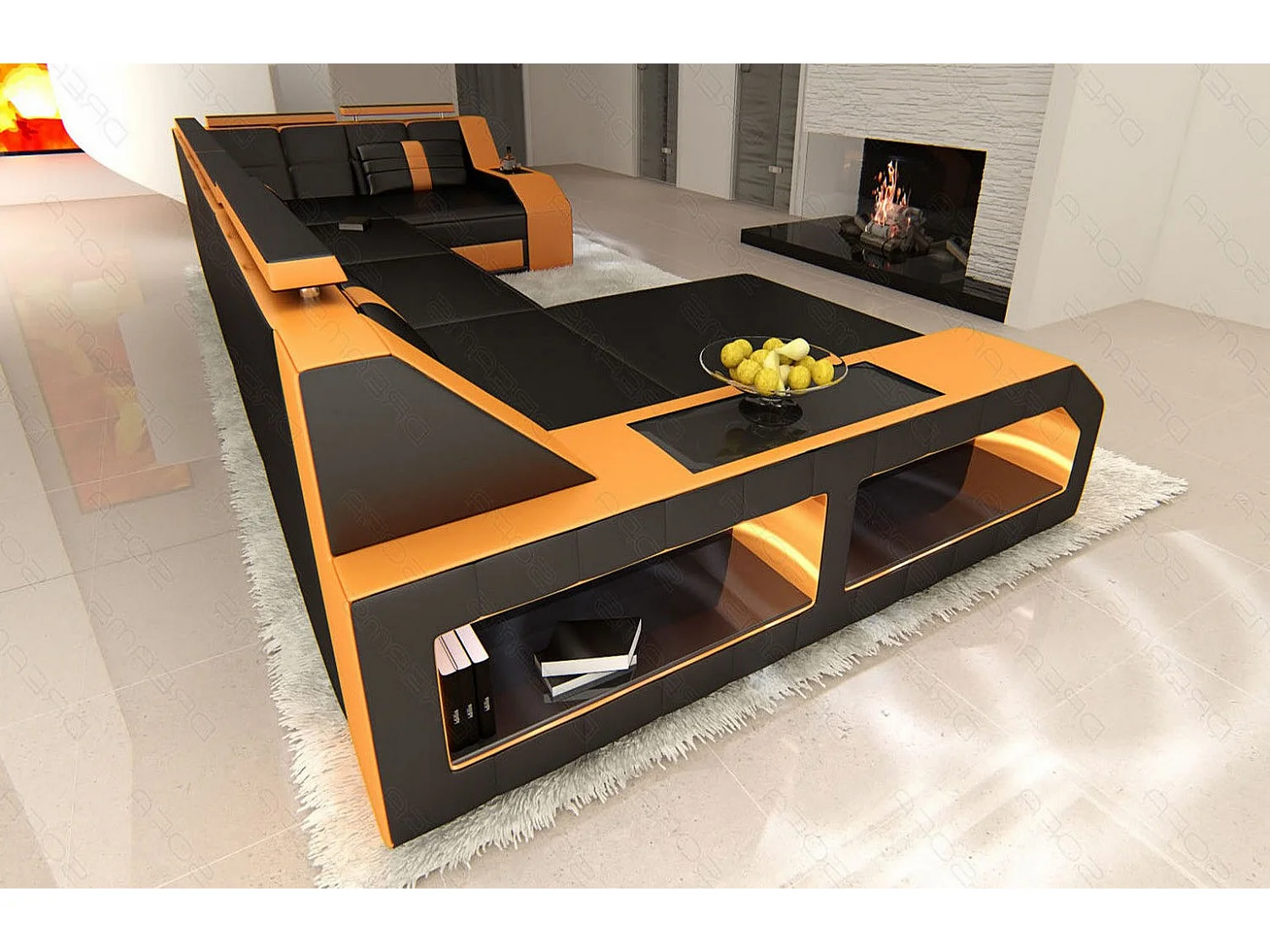 Sofa Arezzo U Leder Ledermix Schwarz Orange Links