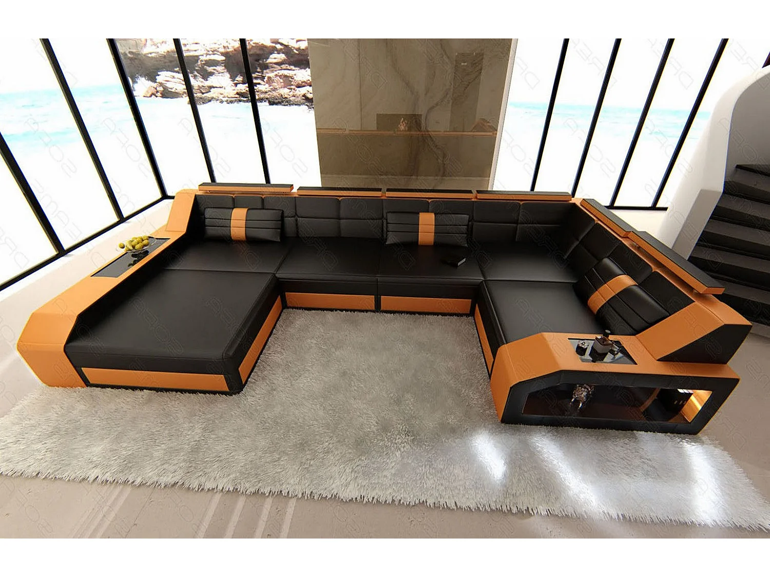 Sofa Arezzo U Leder Ledermix Schwarz Orange Links