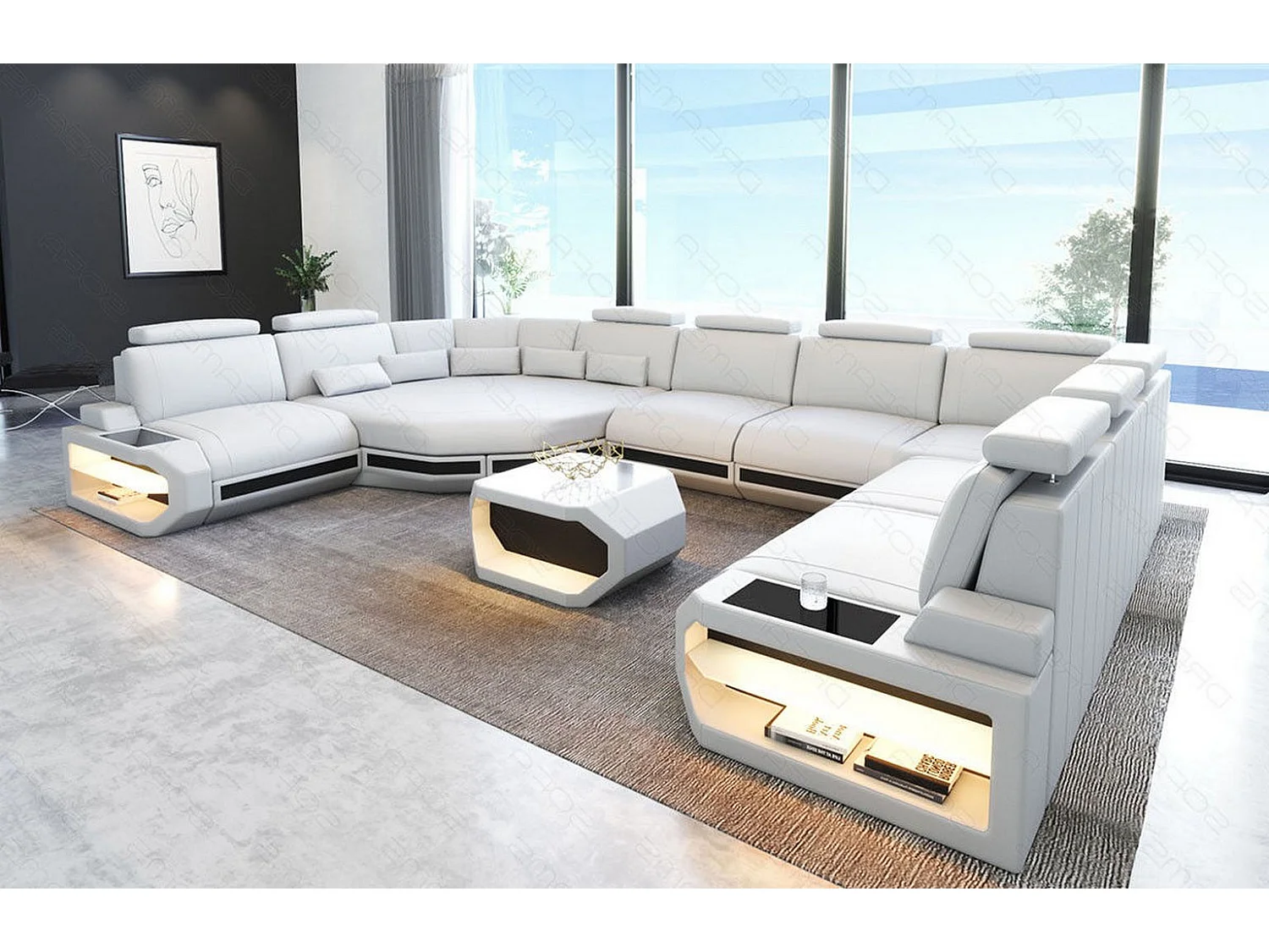 Sofa Asti U Leder Ledermix Weiß Schwarz Rechts