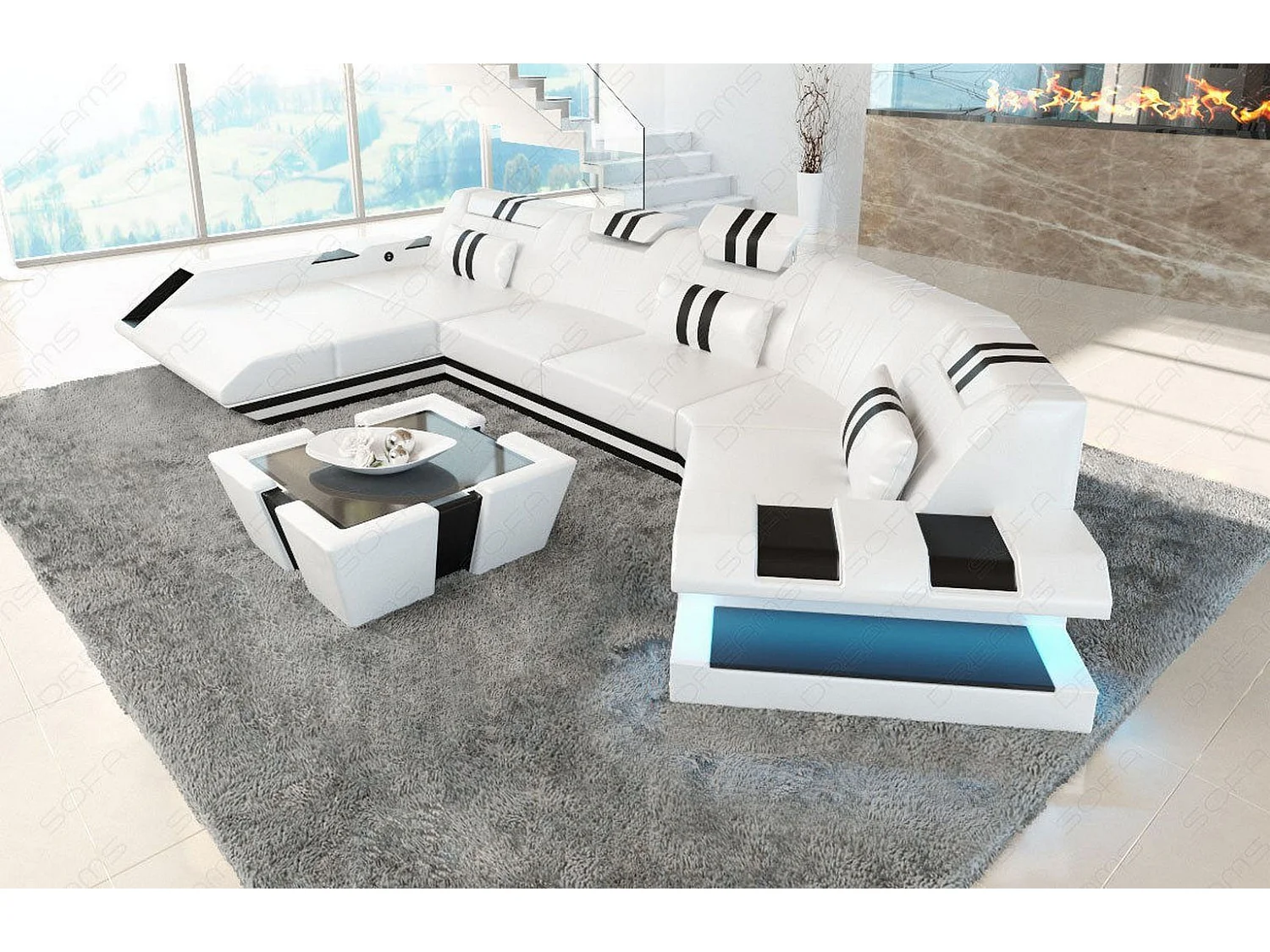 Ledersofa Apollonia C Form Premium Kunstleder Weiß Schwarz Links