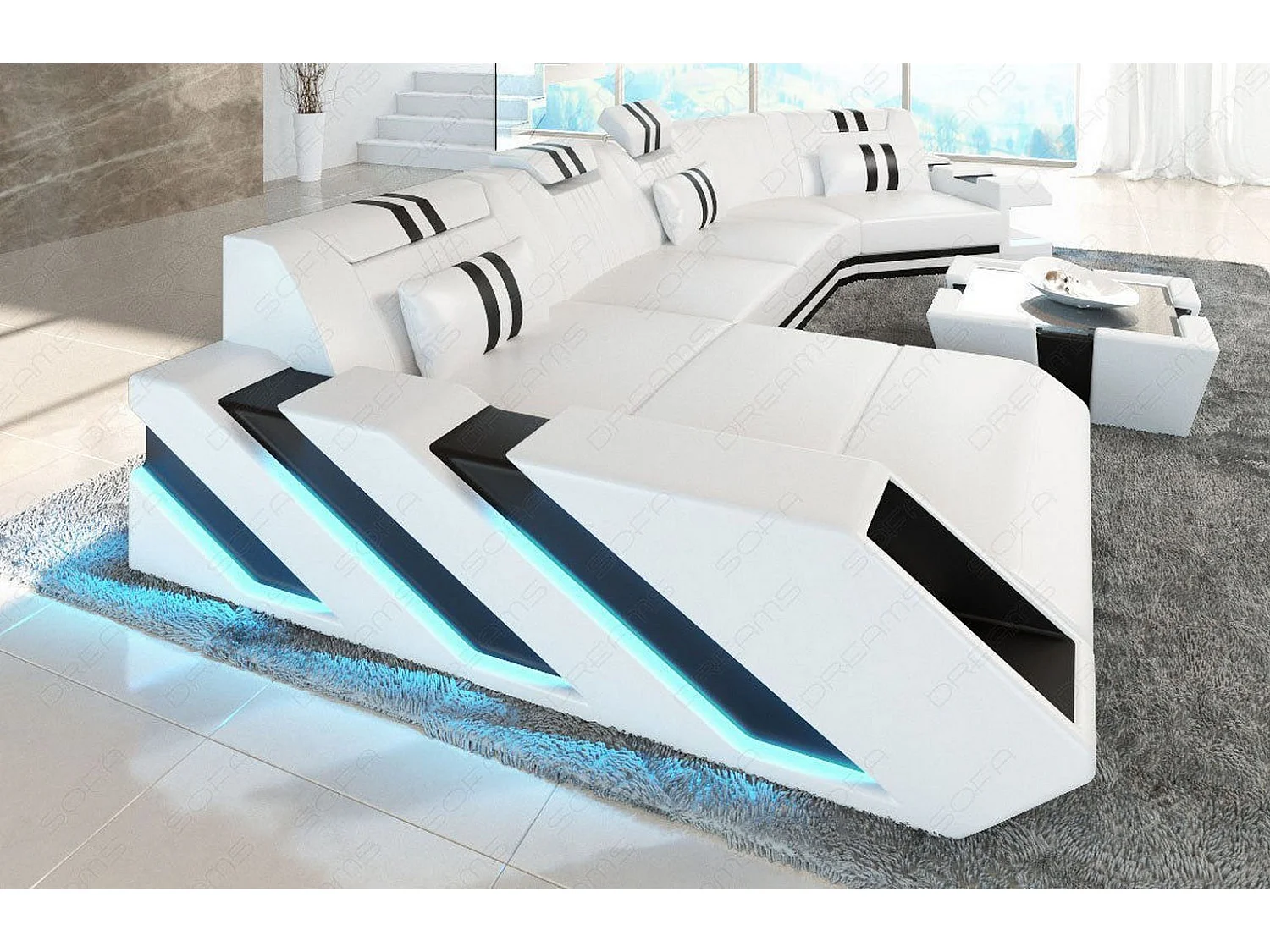 Ledersofa Apollonia C Form Premium Kunstleder Weiß Schwarz Links