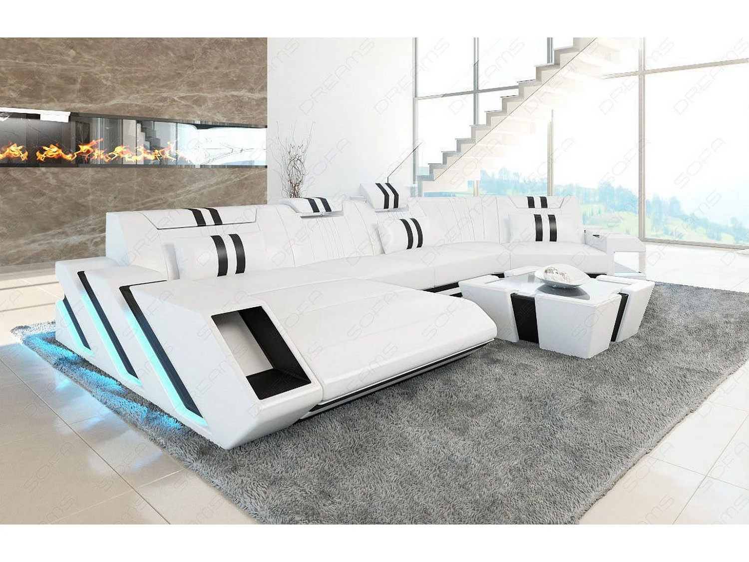 Ledersofa Apollonia C Form Premium Kunstleder Weiß Schwarz Links