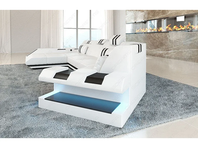 Ledersofa Apollonia C Form Premium Kunstleder Weiß Schwarz Links