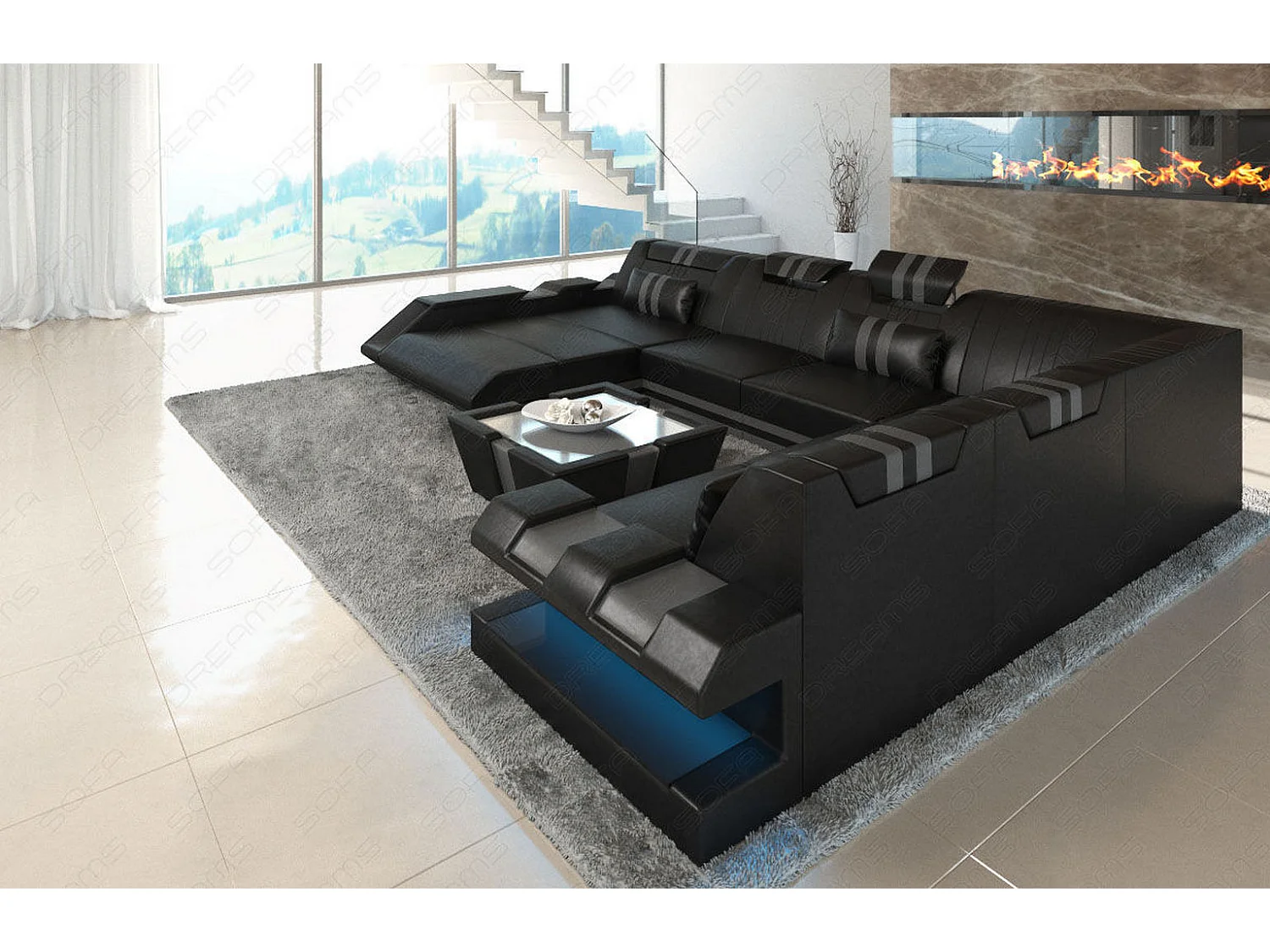 XXL Leder Wohnlandschaft Apollonia KP Schwarz Grau Links