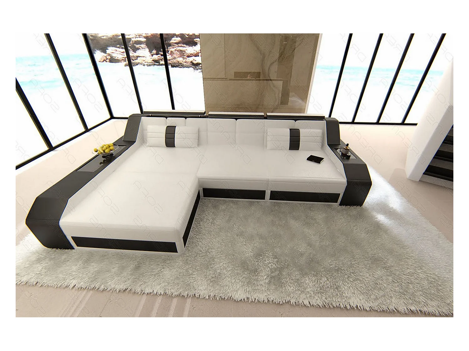 Ecksofa Arezzo Leder Ledermix Weiß Schwarz Links