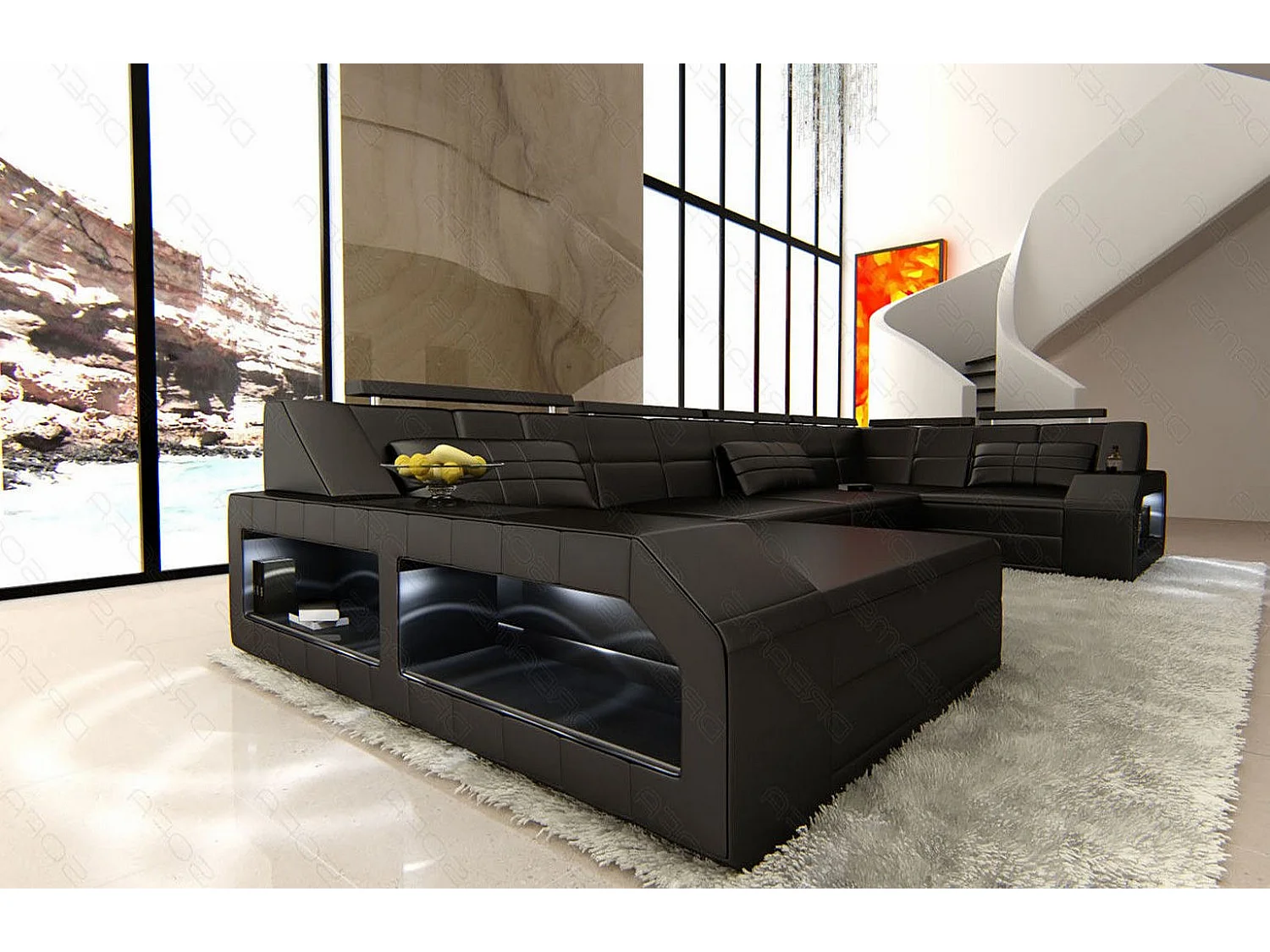 Sofa Arezzo U Leder Ledermix Schwarz Links