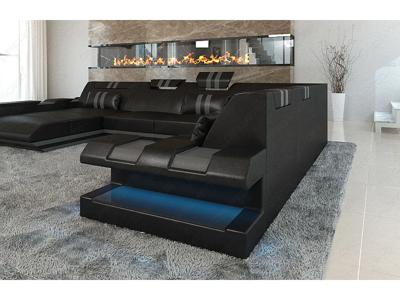 XXL Leder Wohnlandschaft Apollonia EL Schwarz Grau Links