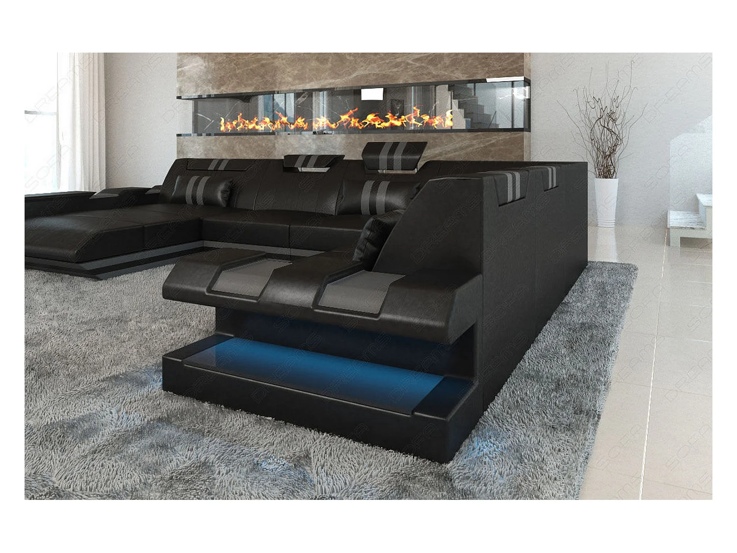 XXL Leder Wohnlandschaft Apollonia EL Schwarz Grau Links
