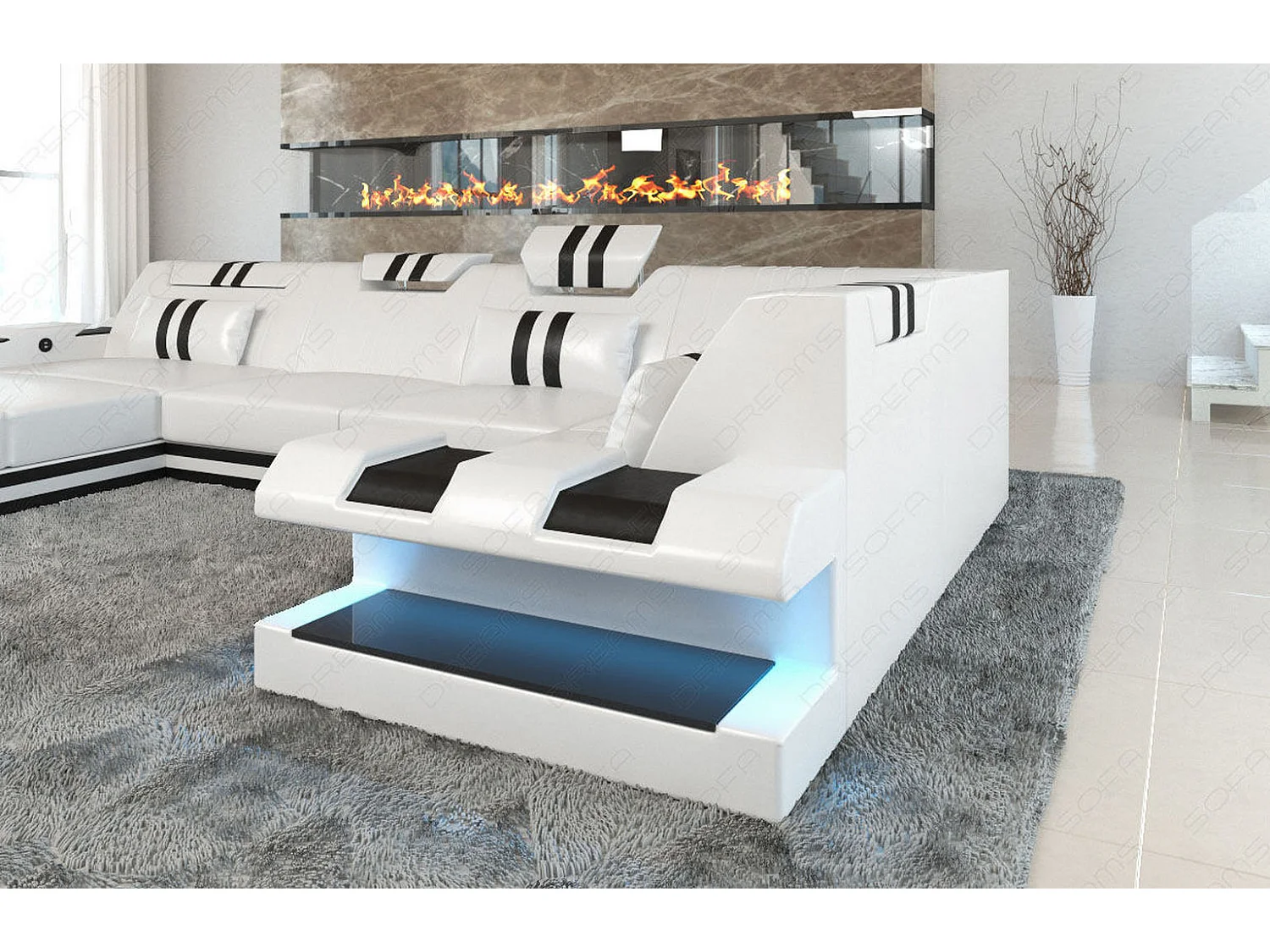 Ledersofa Apollonia U Form EM Weiß Schwarz Links