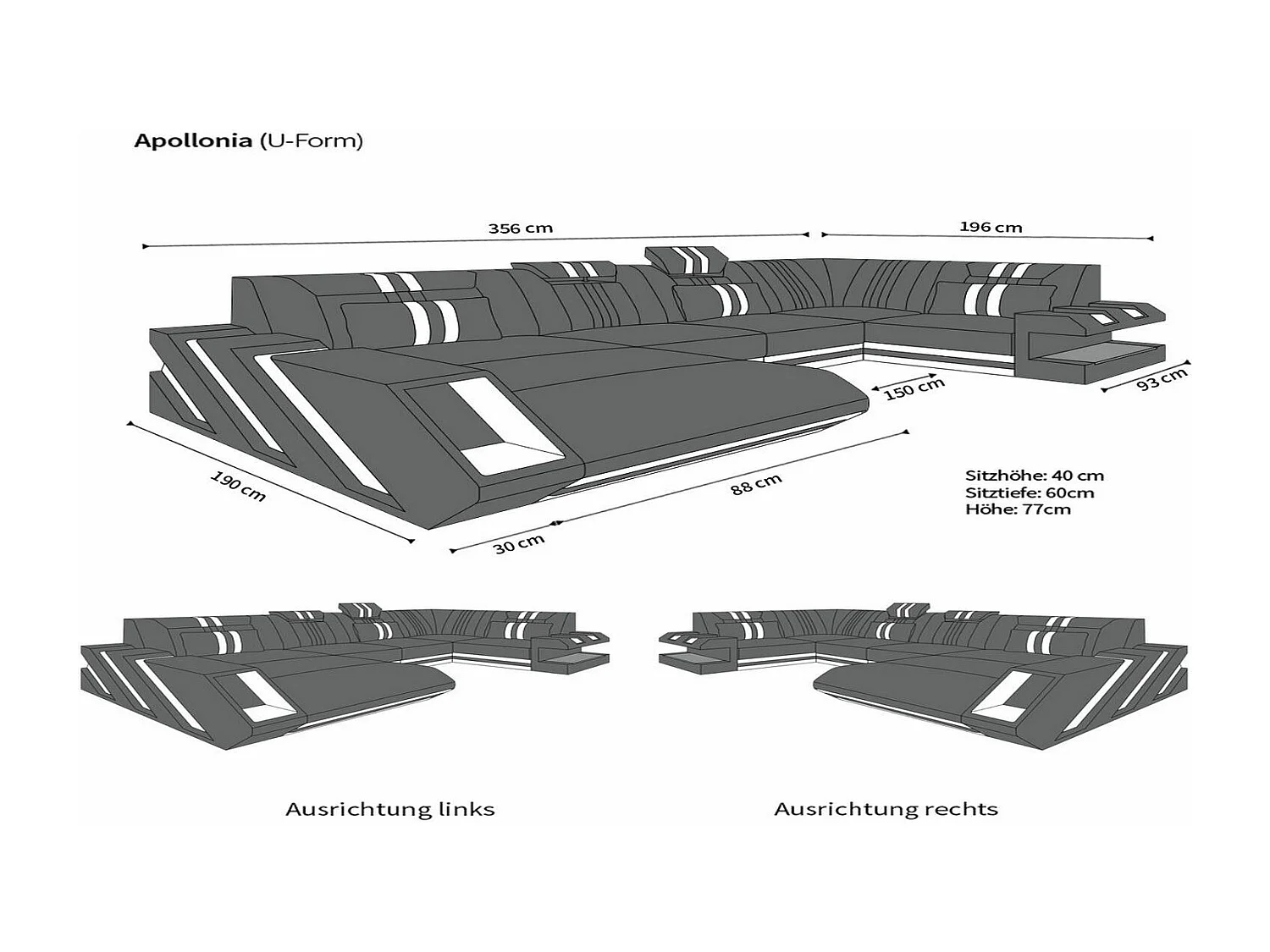 Ledersofa Apollonia U Form EM Weiß Schwarz Links