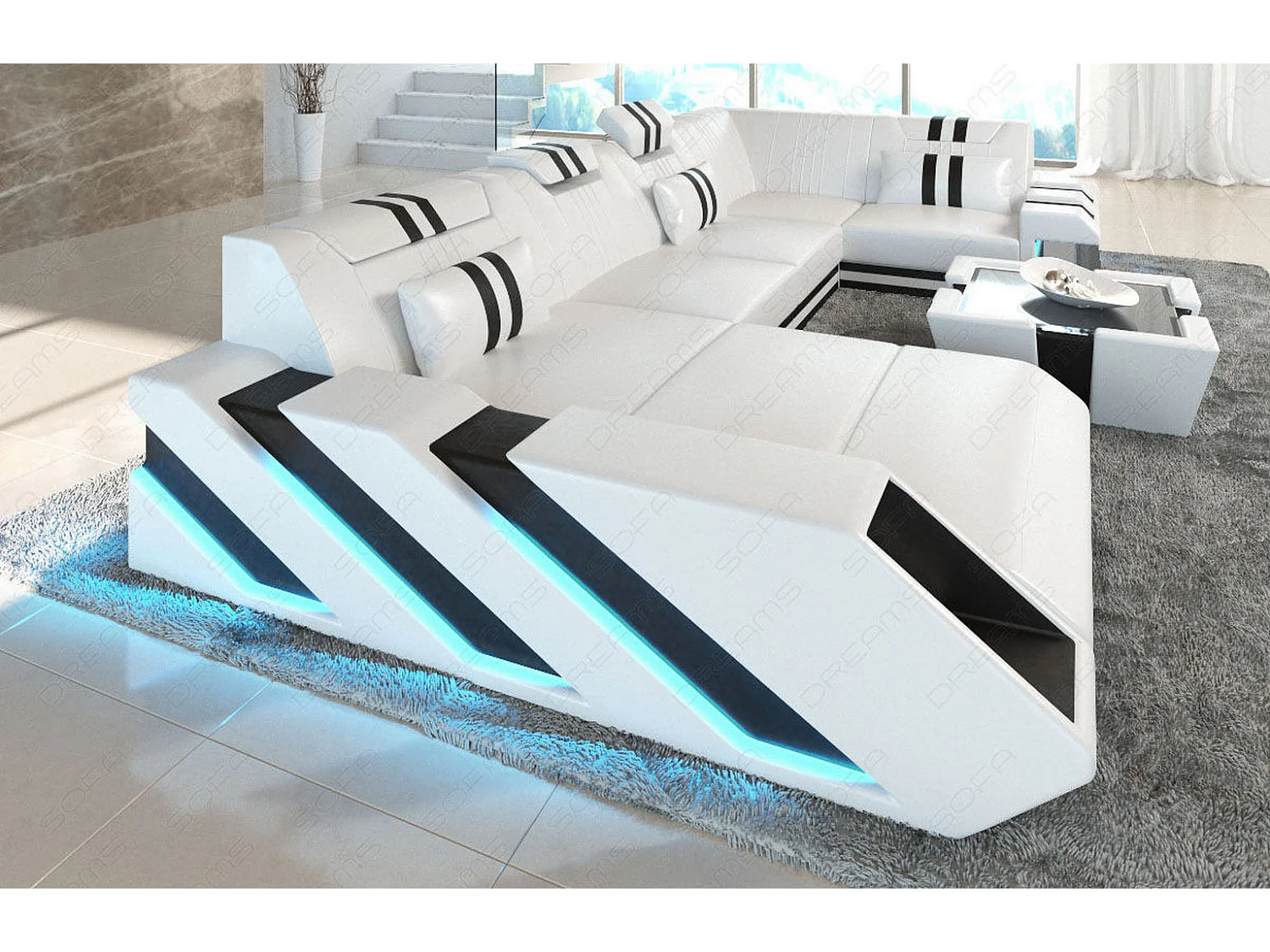 Ledersofa Apollonia U Form EM Weiß Schwarz Links