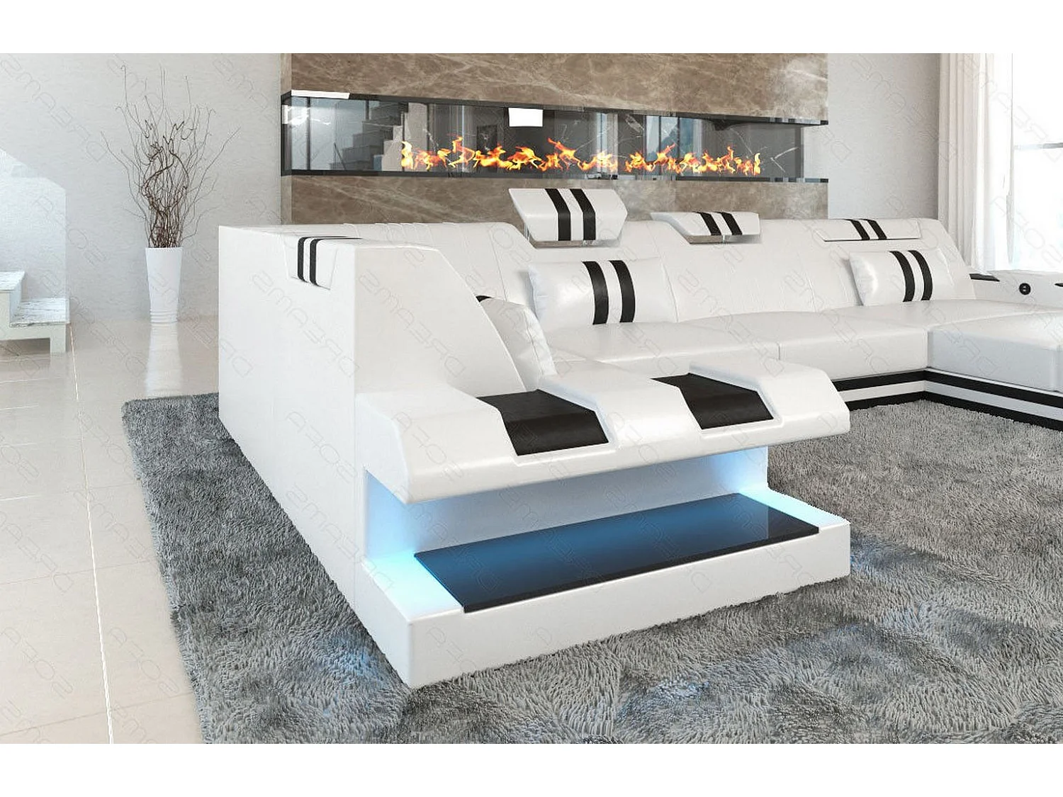 Ledersofa Apollonia U Form KP Weiß Schwarz Rechts