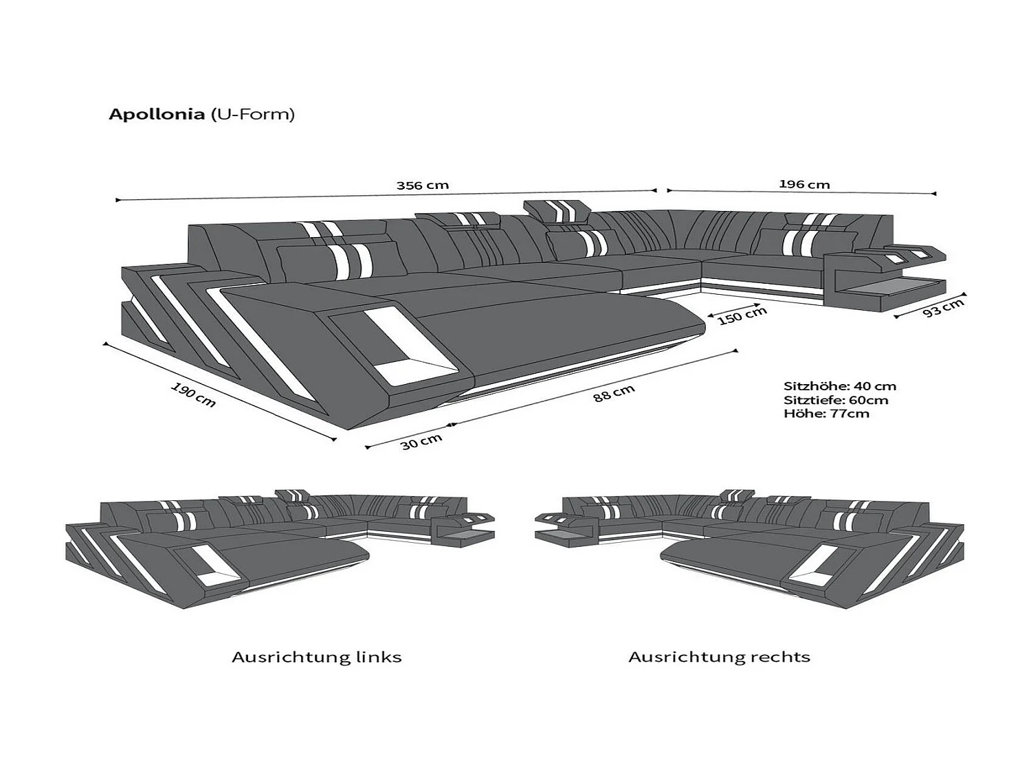 Ledersofa Apollonia U Form KP Weiß Schwarz Rechts