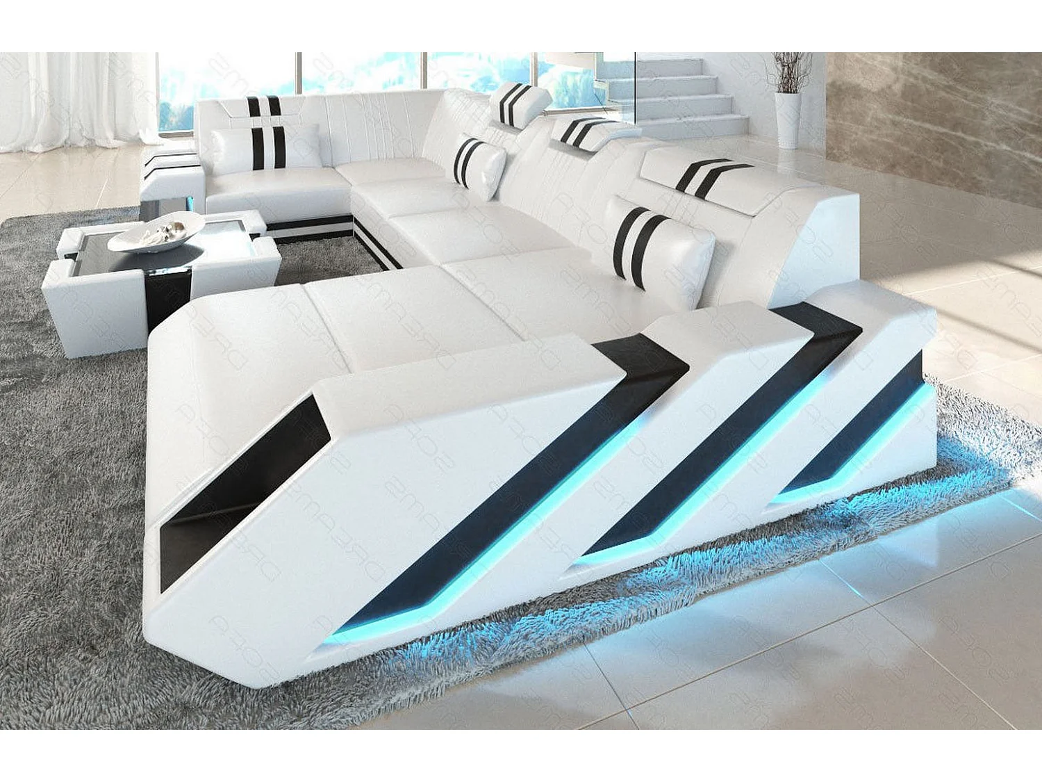 Ledersofa Apollonia U Form KP Weiß Schwarz Rechts